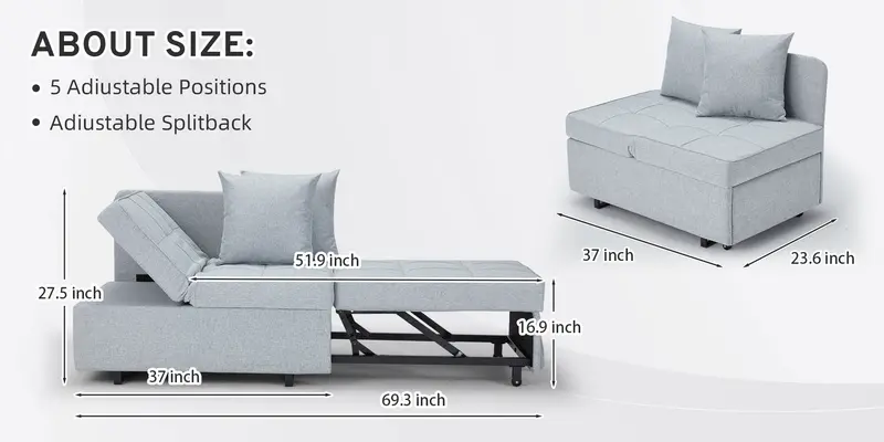 EROMMY convertible futon lounger position, close-up of breathable linen upholstery