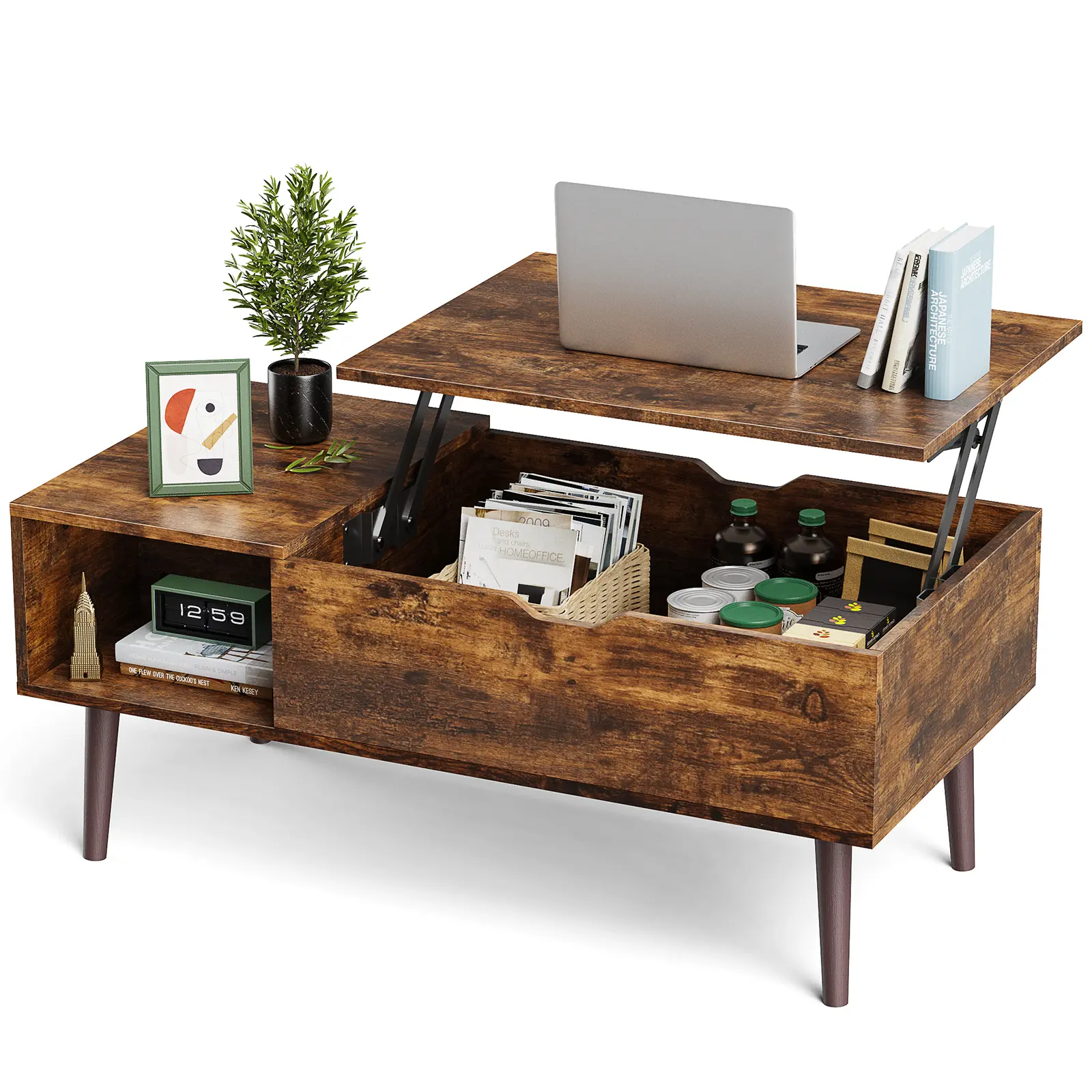 Wooden Fluted Lift Top Coffee Table with Hidden Storage - Modern Adjustable Height
