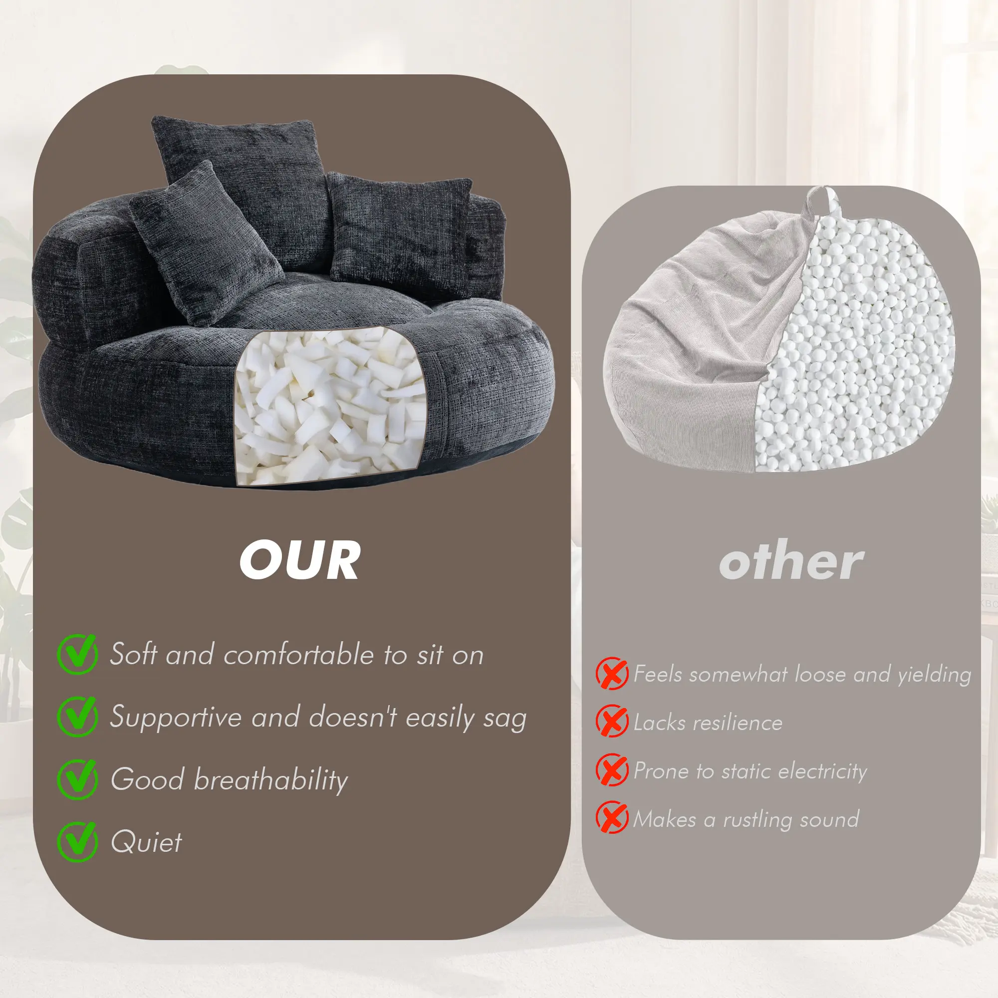 Oversized Chenille Bean Bag Chair 300LBS Support with 3 Pillows