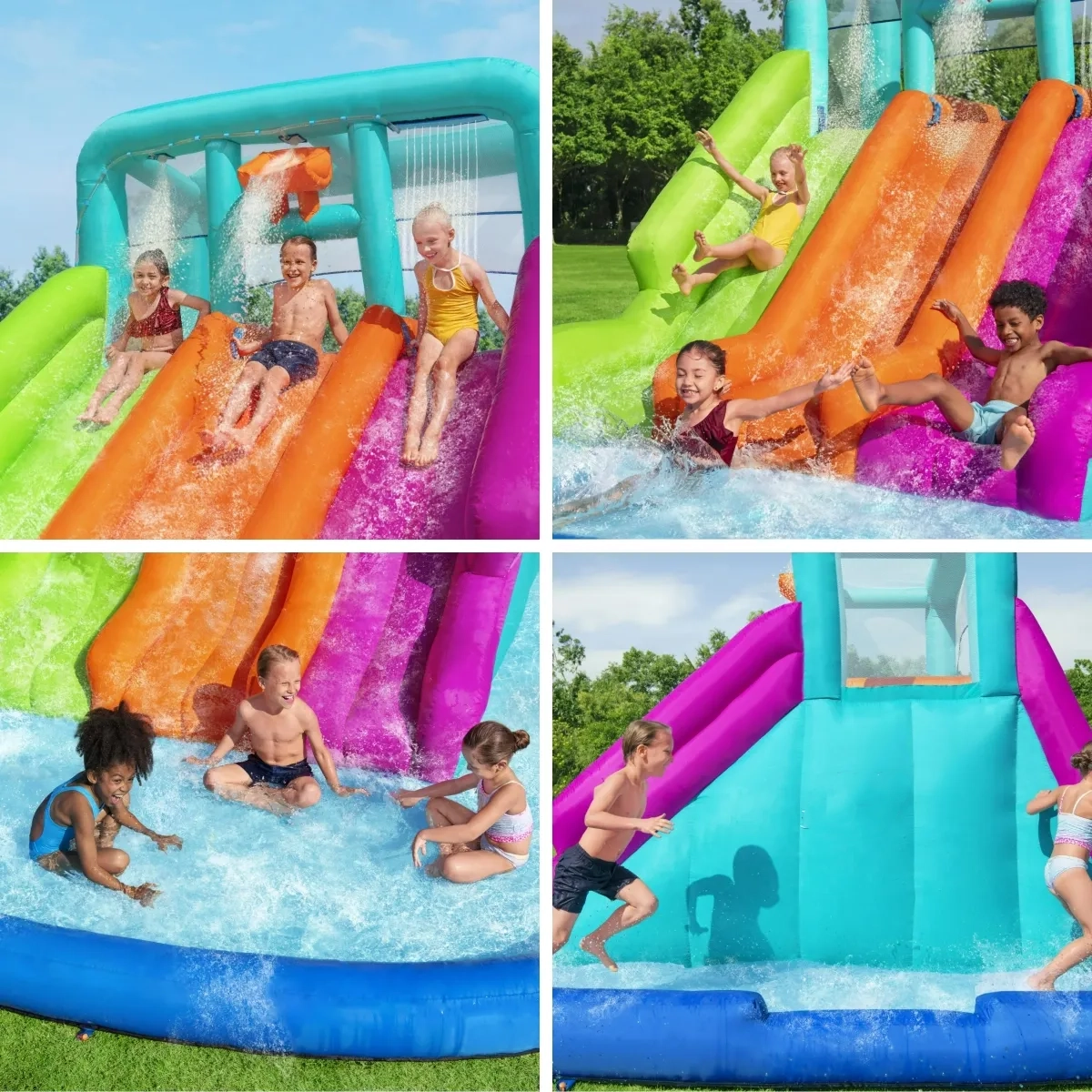 Four action shots: triple slide racing, dump bucket splash, kids playing in the pool, and side climbing wall
