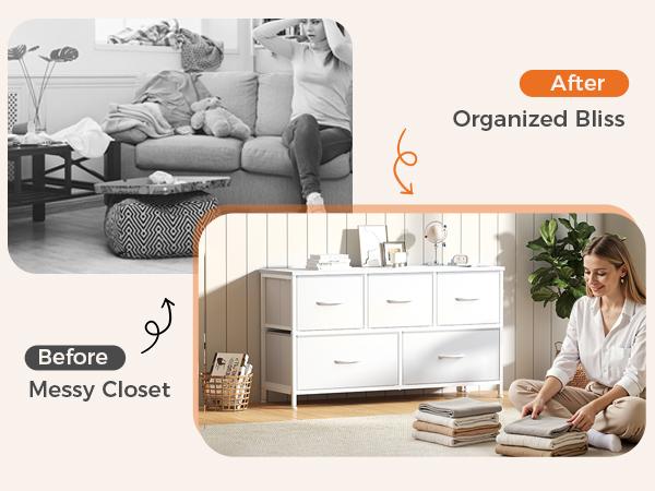 5-drawer dresser with 2 large and 3 medium fabric bins for versatile storage