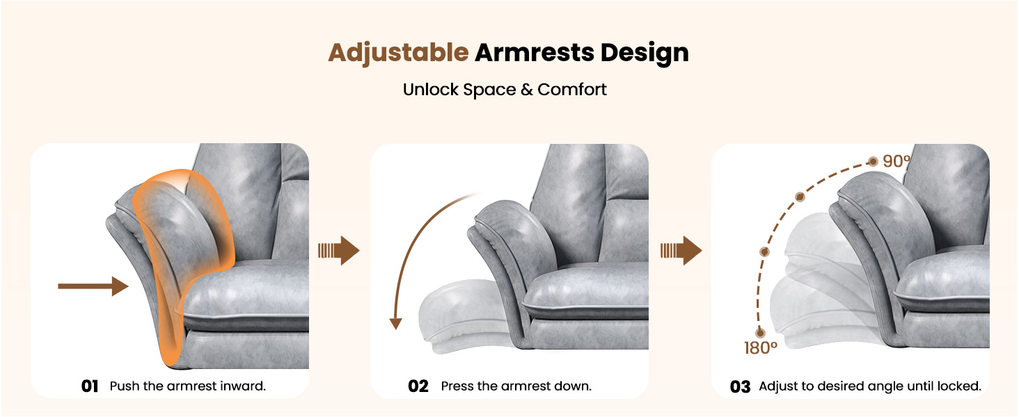 3-step diagram: push armrest inward, press down, adjust angle 90 to 180 degrees