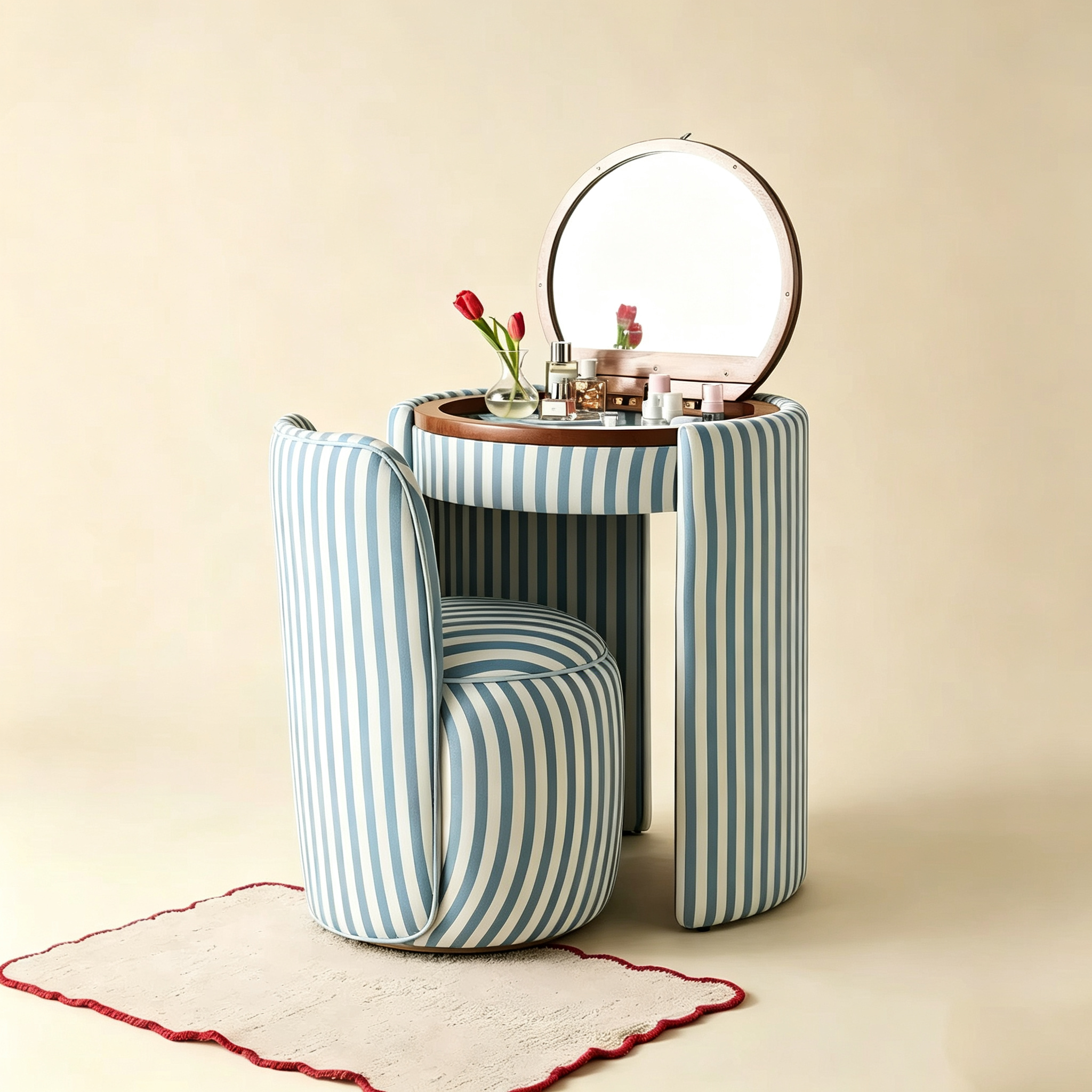 Striped Decorative Modern Dresser Set with Stool, Solid Oak Panel Cabinet, Storage Cabinet, Durable for Bathroom, Bedroom, Hotel, and Makeup Table