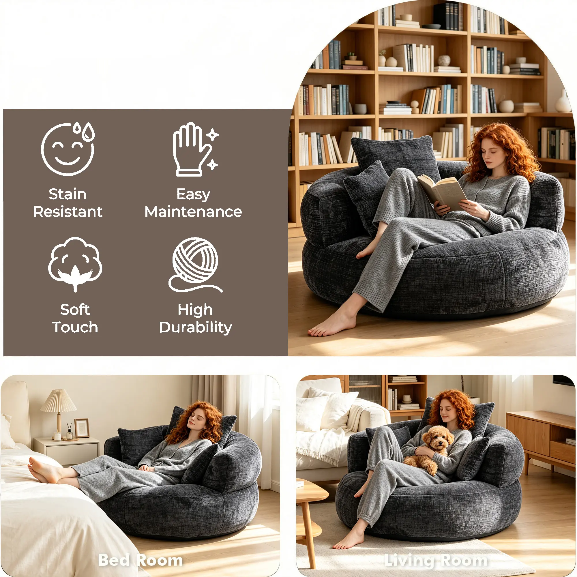 Oversized Chenille Bean Bag Chair 300LBS Support with 3 Pillows
