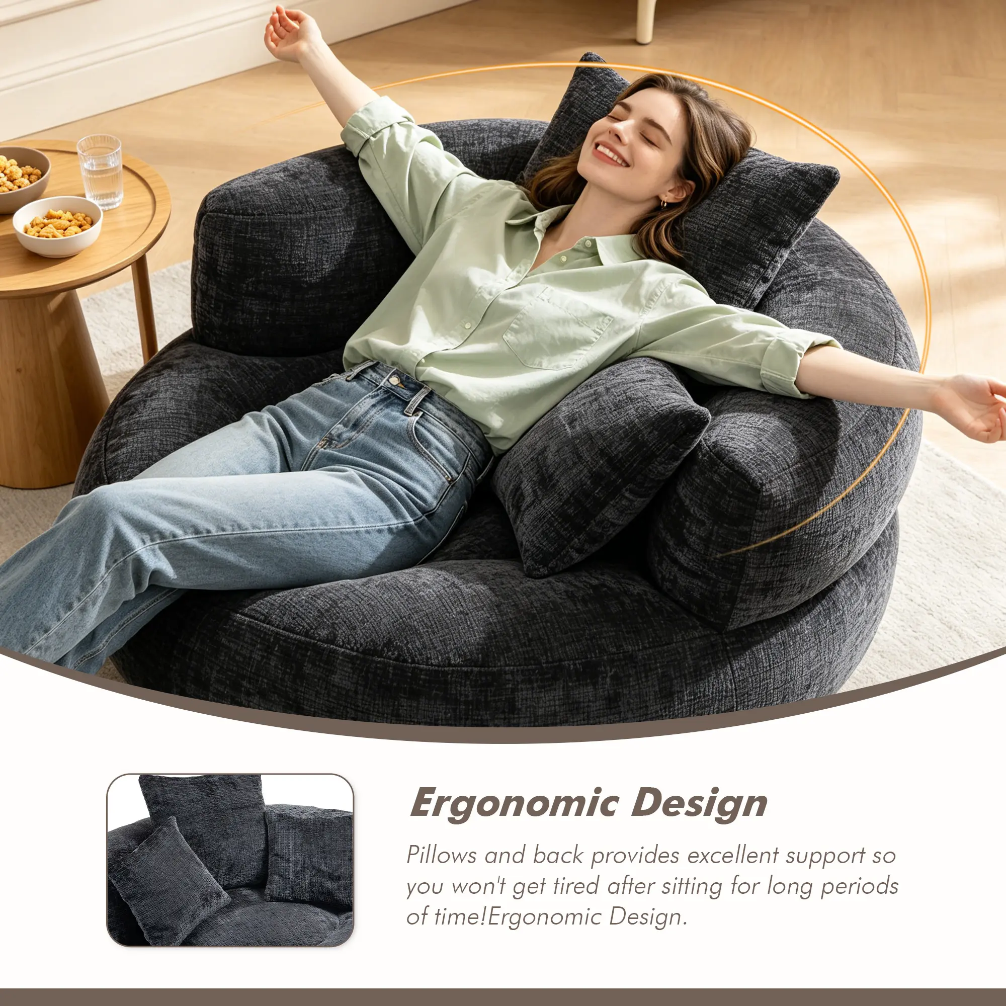 Oversized Chenille Bean Bag Chair 300LBS Support with 3 Pillows