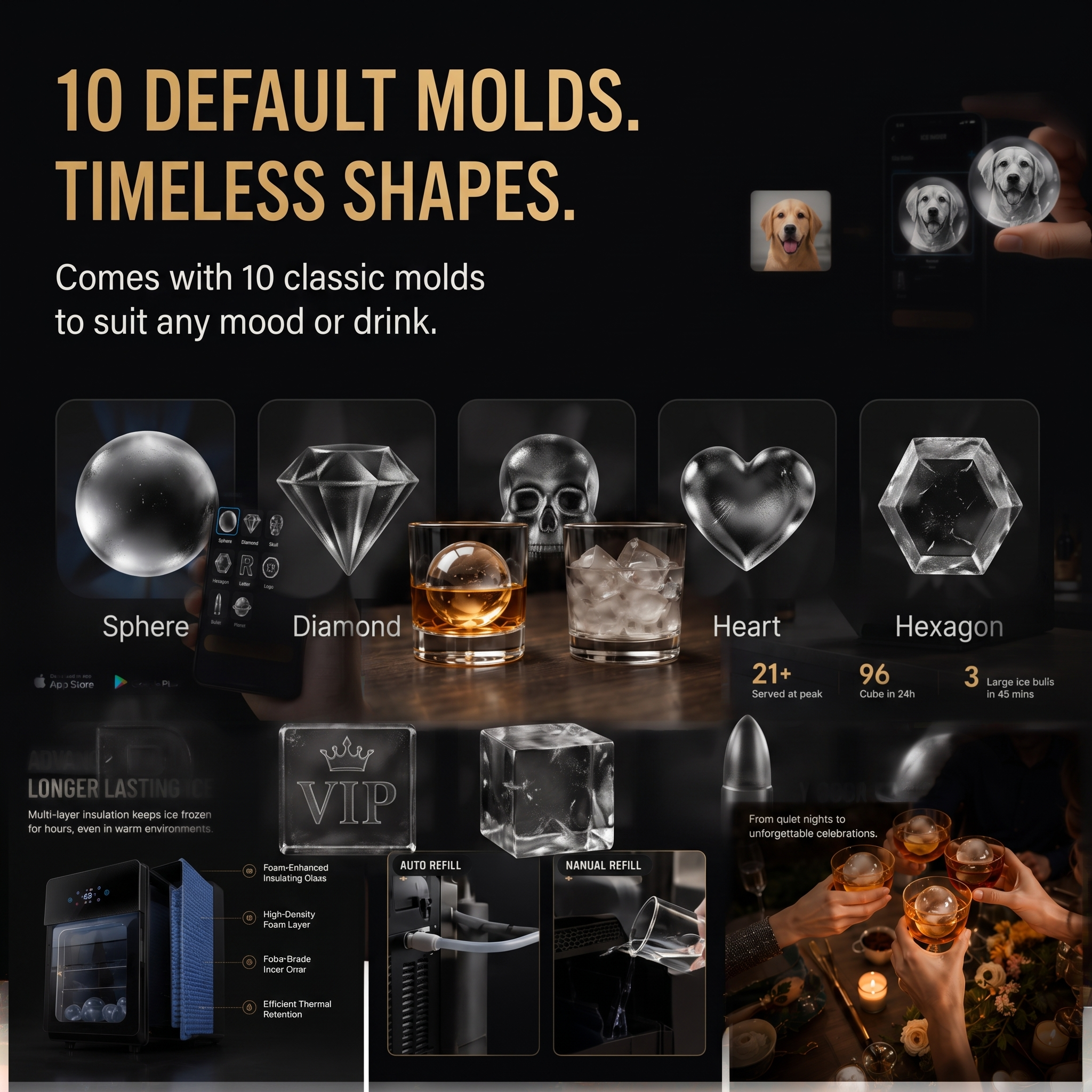 3.2" Clear Ice Ball Maker Countertop, Sphere Ice Maker with Automatic Water Supply, 3 pcs in 15 Mins, 288 pcs/Day, Sphere Ice Maker with Automatic Water Supply, Self-Cleaning, Enhanced Insulation for Whiskey Bar