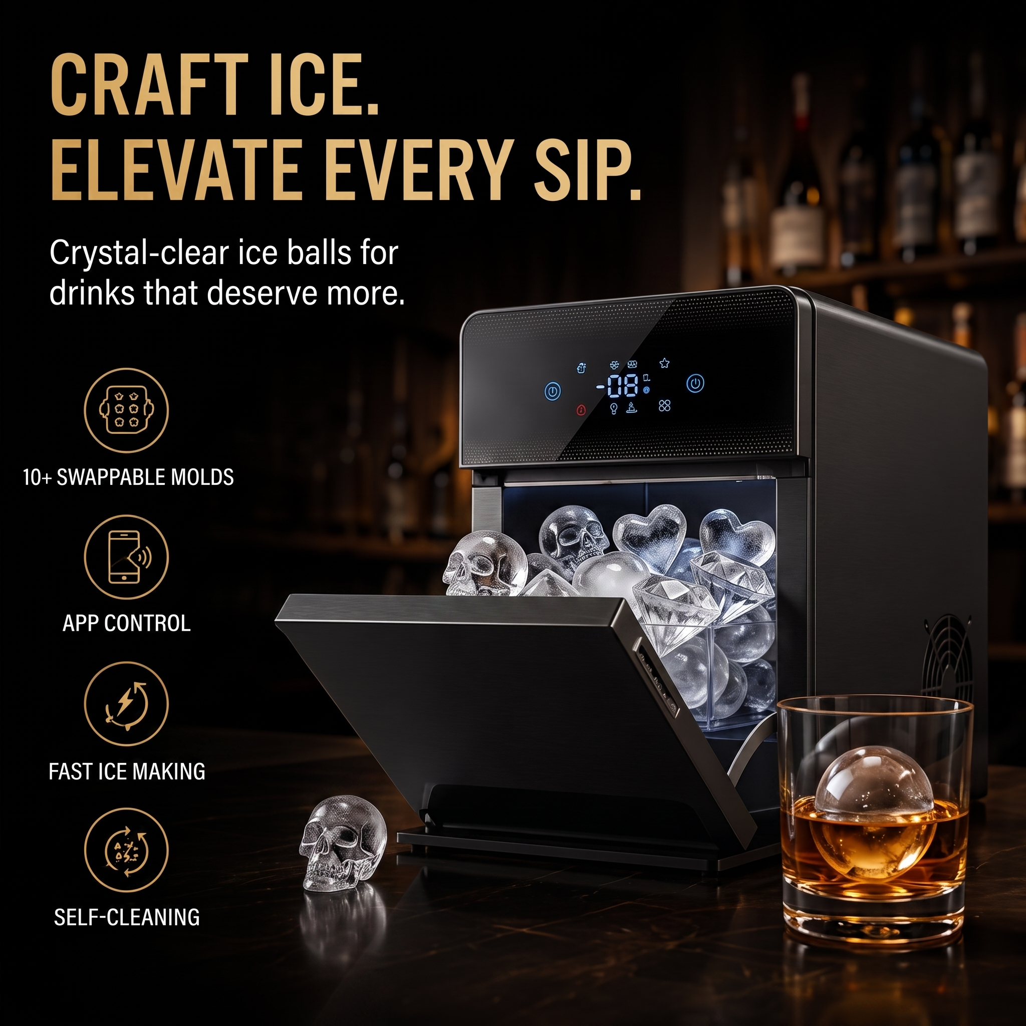 3.2" Clear Ice Ball Maker Countertop, Sphere Ice Maker with Automatic Water Supply, 3 pcs in 15 Mins, 288 pcs/Day, Sphere Ice Maker with Automatic Water Supply, Self-Cleaning, Enhanced Insulation for Whiskey Bar
