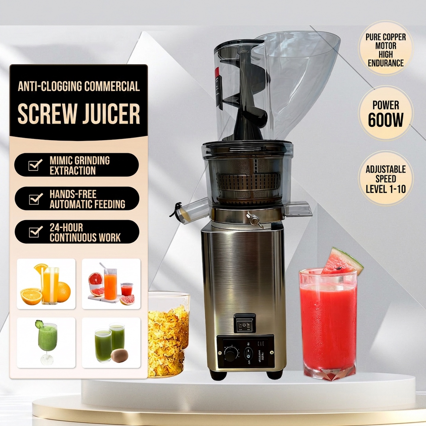 Large Feed Chute Stainless Steel Juicer – Automatic Juice & Pulp Separation System