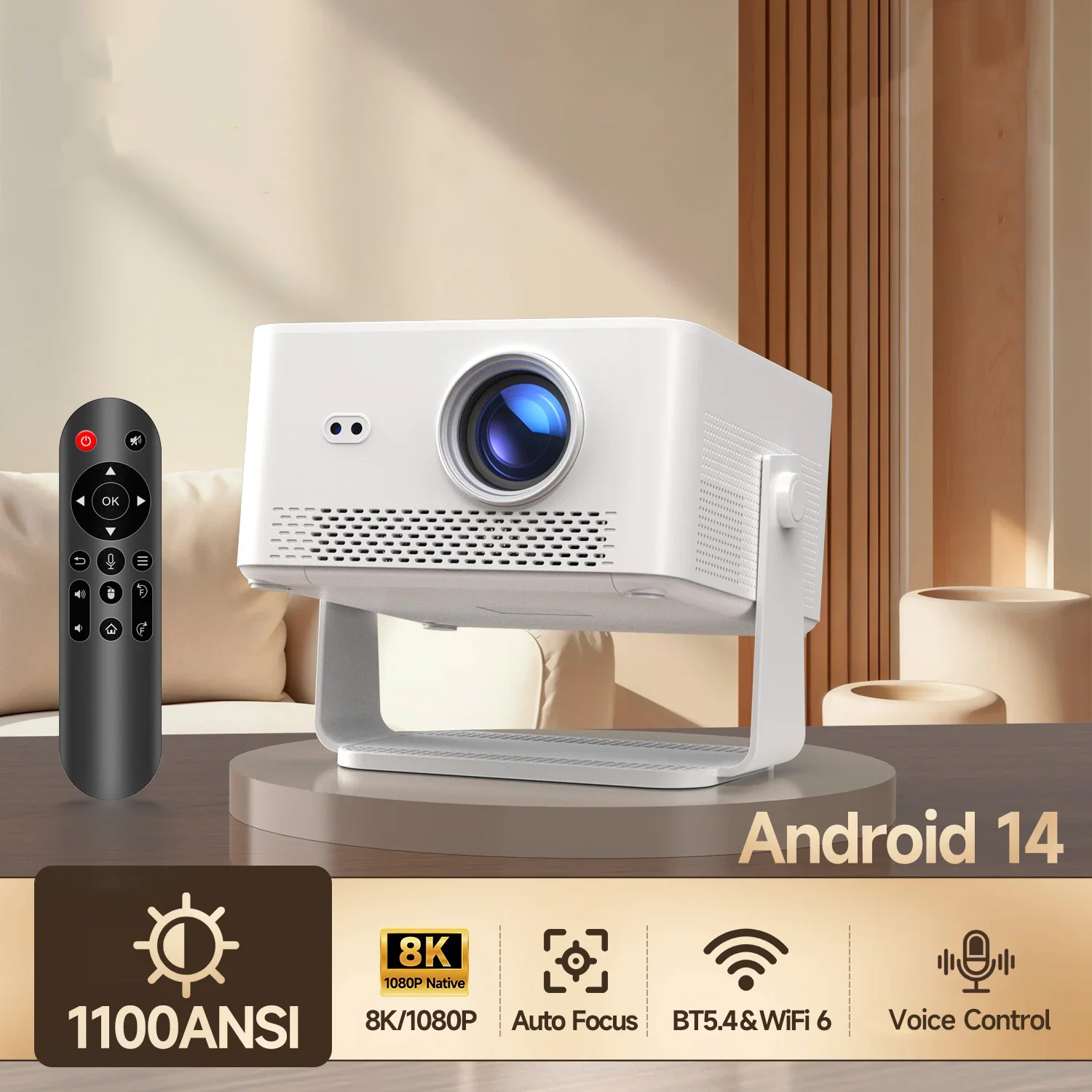 480Max Projector 1100ANSI Auto Focus 12W Speaker HDR10+ Android 14.0 Dual WiFi6 BT5.4 Fully Automatic Keystone 1.0:1 Throw Ratio Screen Recognize & Automatic Obstacle Avoidance Home Cinema, Movie, Audio