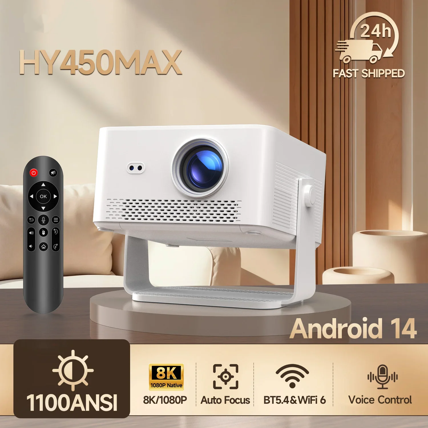 450Max Projector 1100ANSI Auto Focus 12W Speaker HDR10+ Android 14.0 Dual WiFi6 BT5.4 Fully Automatic Keystone 1.0:1 Throw Ratio Screen Recognize & Automatic Obstacle Avoidance Home Cinema, Movie, Audio