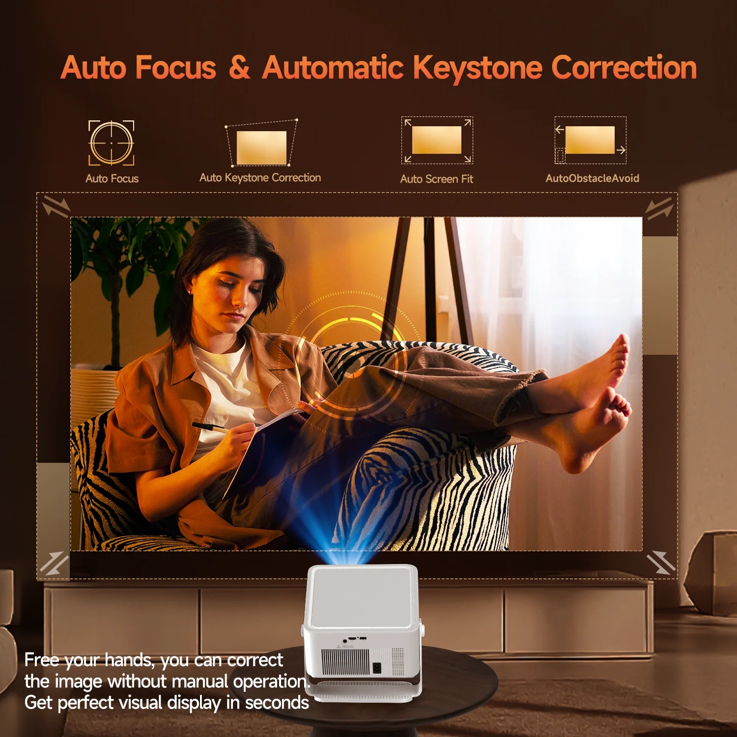 450Max Projector 1100ANSI Auto Focus 12W Speaker HDR10+ Android 14.0 Dual WiFi6 BT5.4 Fully Automatic Keystone 1.0:1 Throw Ratio Screen Recognize & Automatic Obstacle Avoidance Home Cinema, Movie, Audio