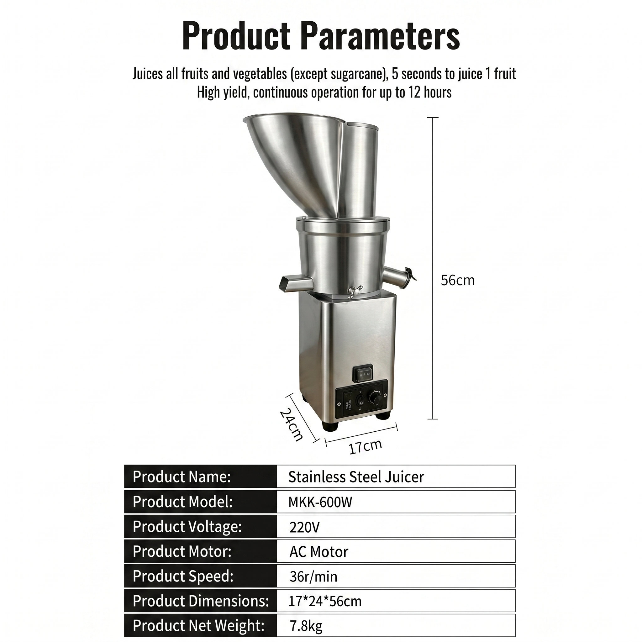 Large Feed Chute Stainless Steel Juicer – Automatic Juice & Pulp Separation System