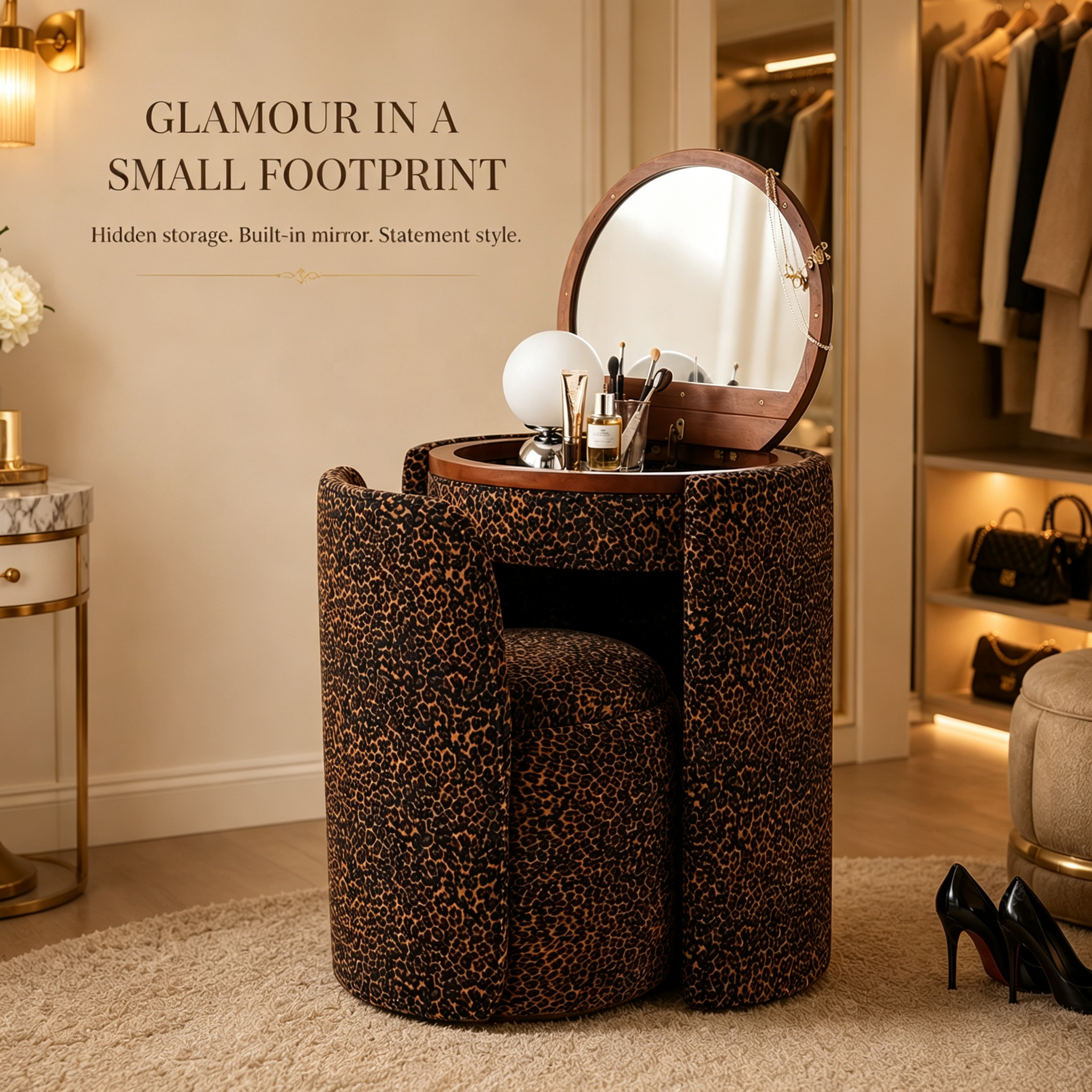 Space-saving vanity desk set with LED mirror, hidden storage and matching stool
