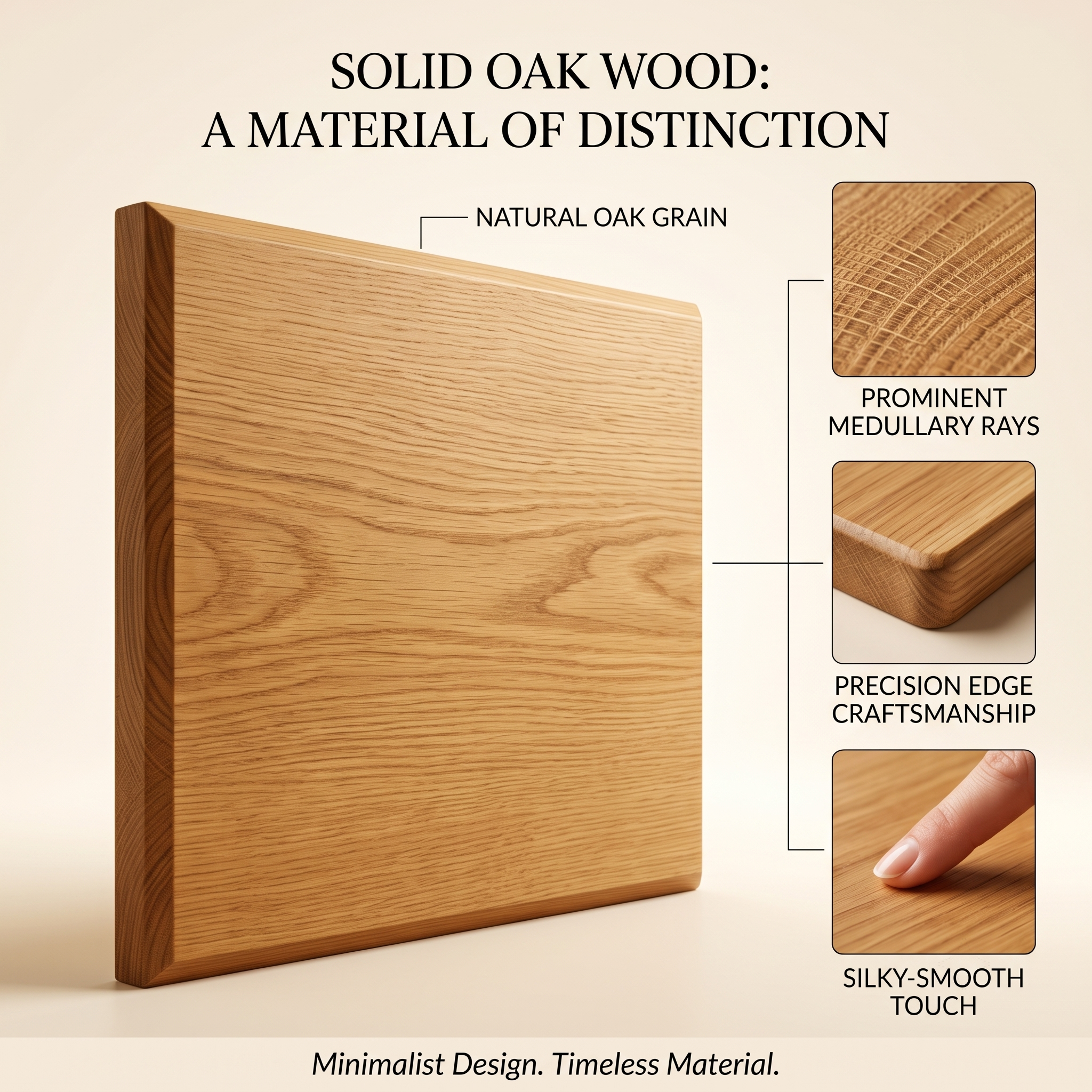 Solid oak wood material with natural grain and precision craftsmanship