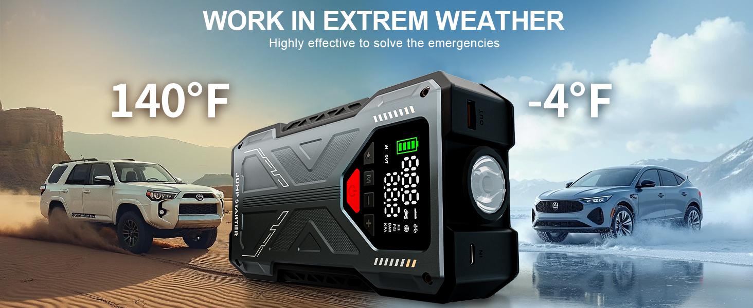 Work in extreme weather &mdash; 140F desert to -4F snow, jump start any vehicle