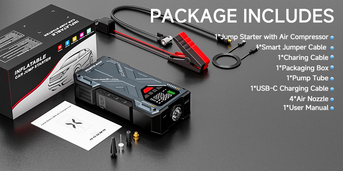 Package includes &mdash; jump starter, smart jumper cable, pump tube, air nozzles, charging cable, carry case