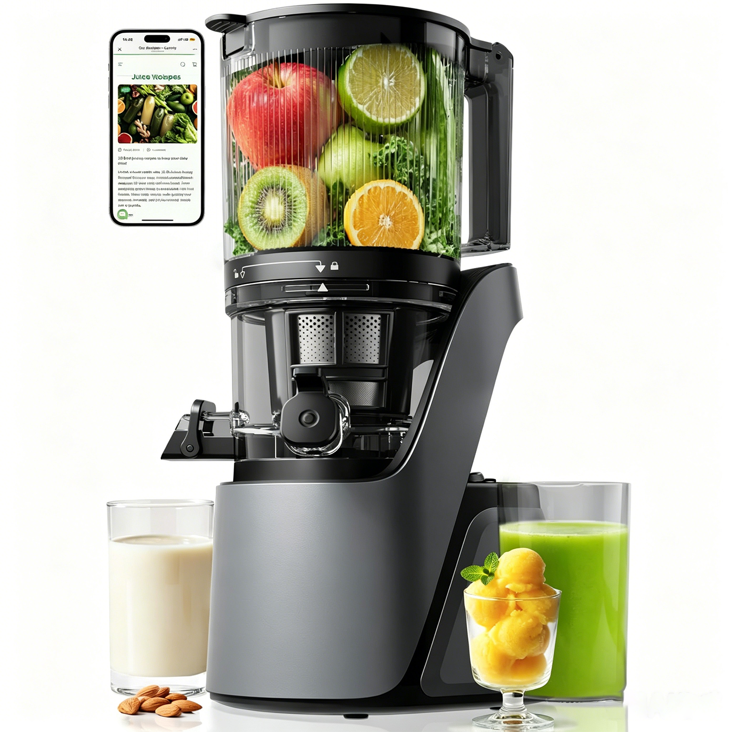 【王硕】Cold Press Juicer, 6" Wide Feed Chute, 3-in-1 Strainers (Juice, Sorbet, Nut Milk), AC Brushless Motor, Self Precut System, BPA-Free, Space Gray
