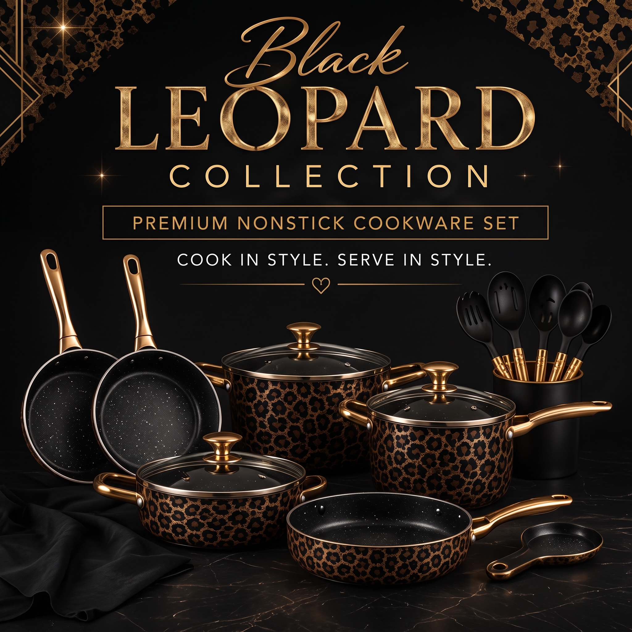 Luxury Black & Gold Non-Stick Cookware Set – Complete Kitchen Collection with Pots, Pans & Utensils