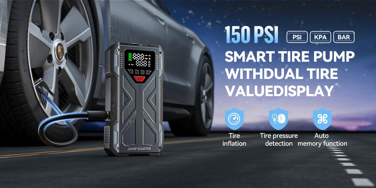 150PSI smart tire pump with dual display and 4 inflation modes