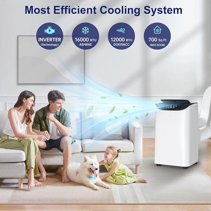 Inverter 16000BTU Portable Air Conditioners with Remote, Free Stand Cooling Portable AC Unit for Room up to 800 sq.ft, with Dehumidifier & Fan, Dual Hose, Quiet Sleep Mode(35dB), Windows Kit