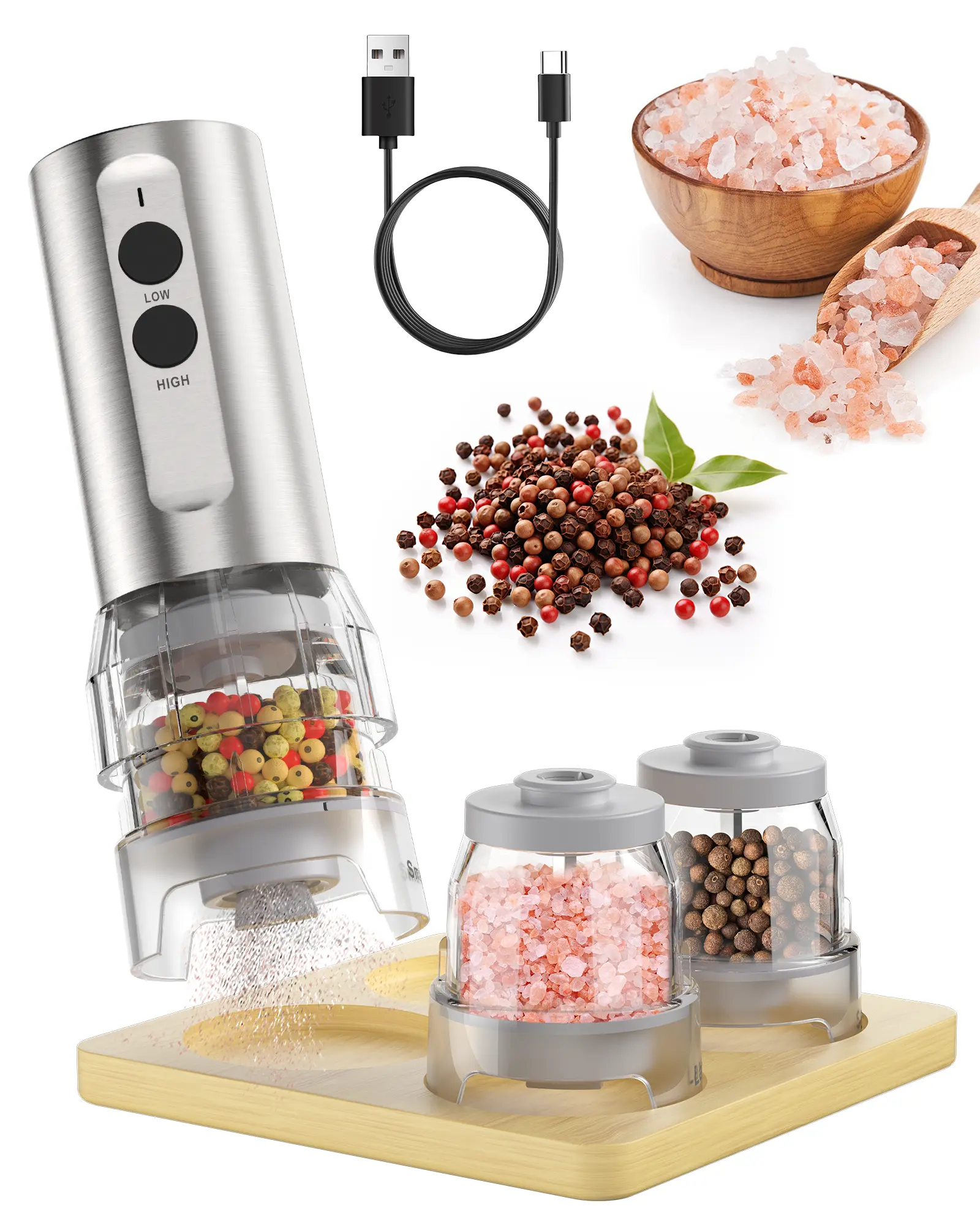 ODIFORGO Electric Salt and Pepper Grinder Set, 2026 New Upgrade, USB Rechargeable Automatic Pepper Mill, 3 Large Capacity Quick-Switch Silos, Adjustable Coarseness, Stainless Steel BBQ Grill Kitchen Gadget with LED Light summerwins