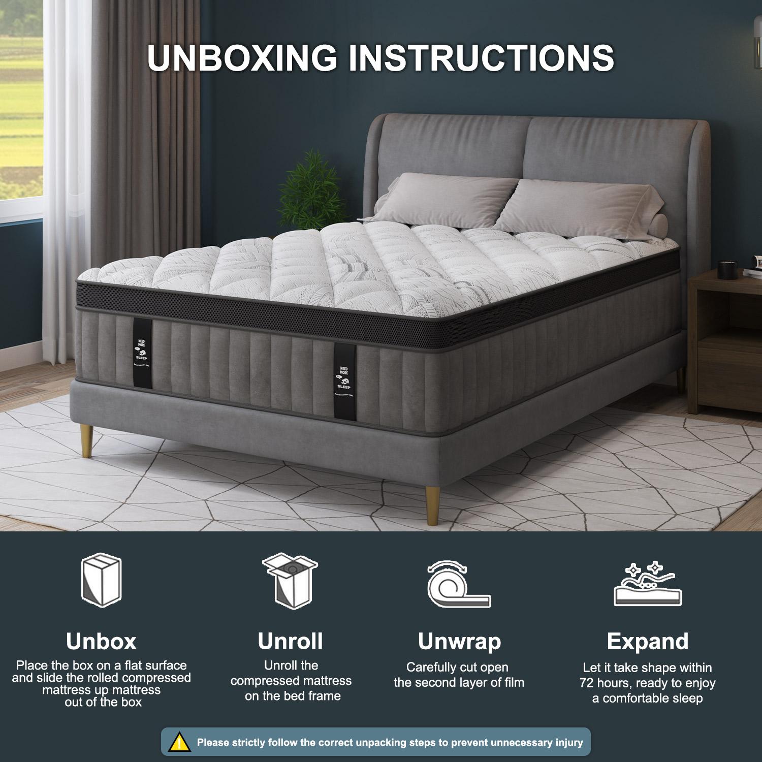 Four-step unboxing and setup guide for bed-in-a-box mattress