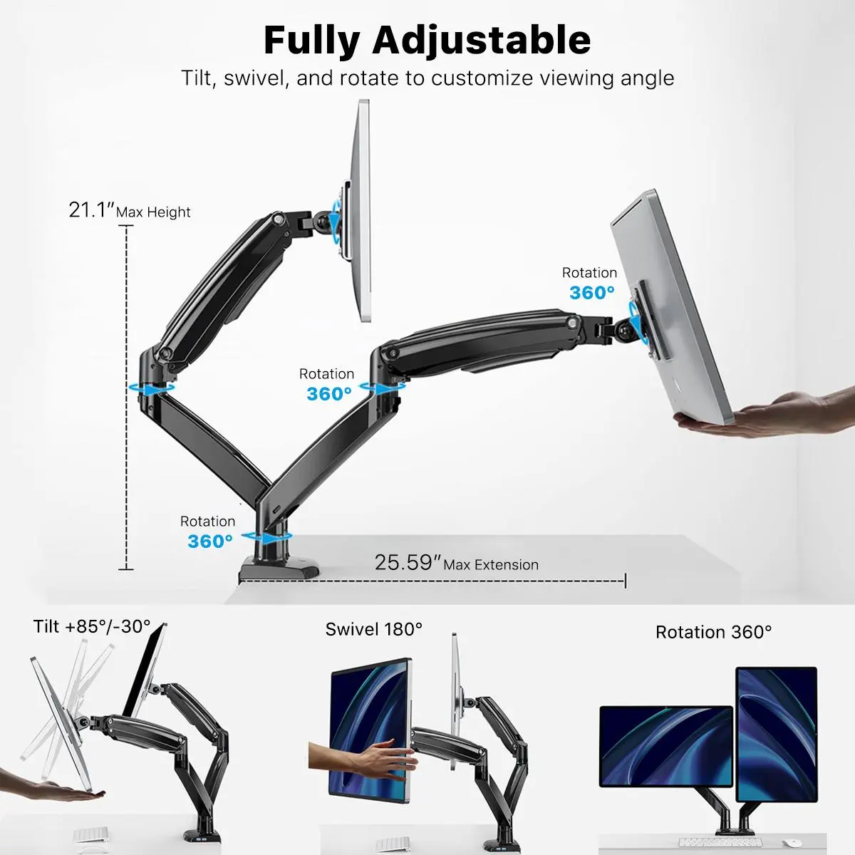Dual Monitor Stand, Adjustable Arms for 13 to 35'' Screen, USB Mount, Heavy Duty Gas Spring, Holds 2 Monitors up to 28.4lbs