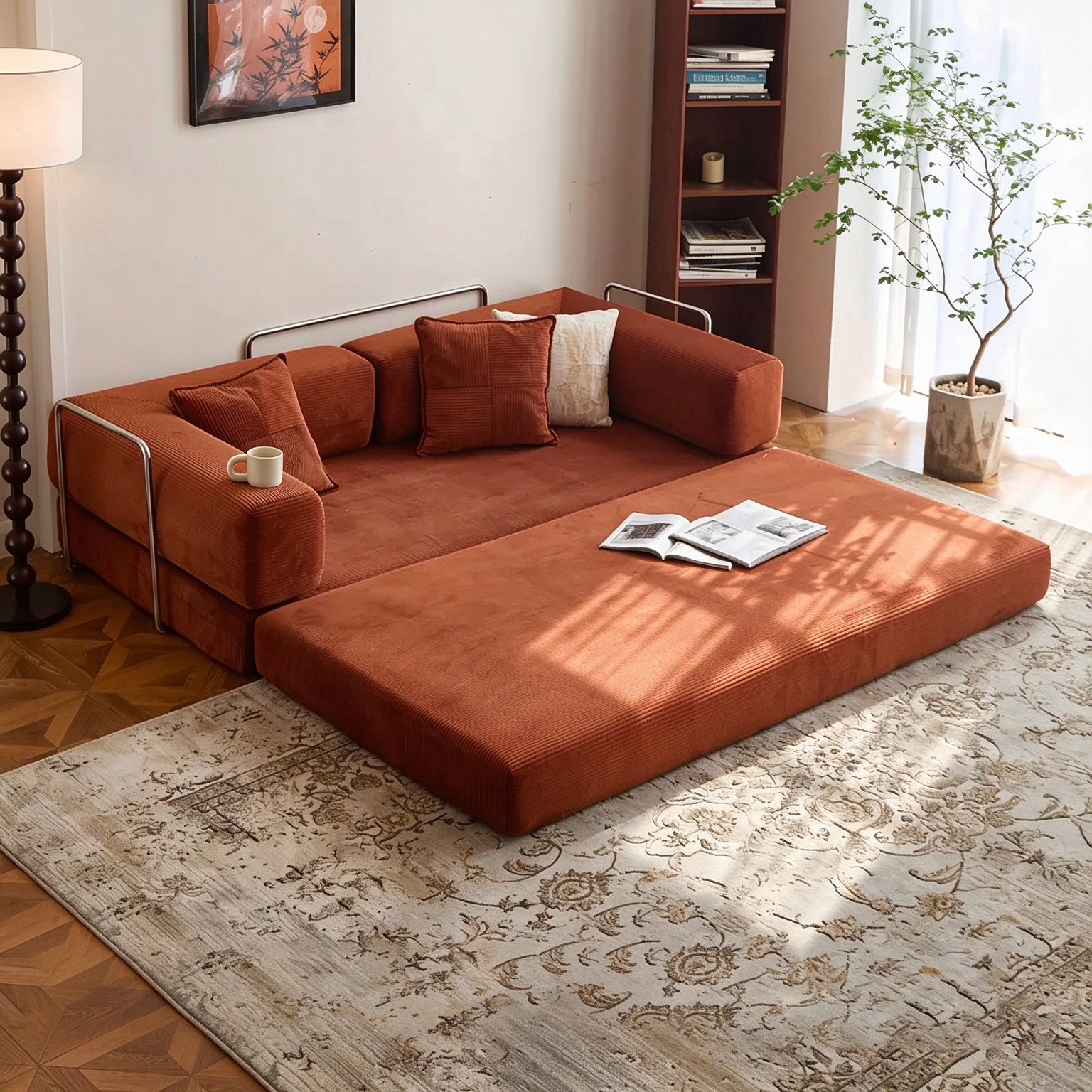 Cloud corduroy sofa bed in warm living room setting