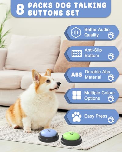 Dog Buttons for Communication, 9 Pcs Recordable Talking Button Set with 30s Voice, Pet Training Buzzer Kit for Dogs and Cats, Waterproof Anti-Slip Mat, 48 Scene Stickers for Outside/Food/Play