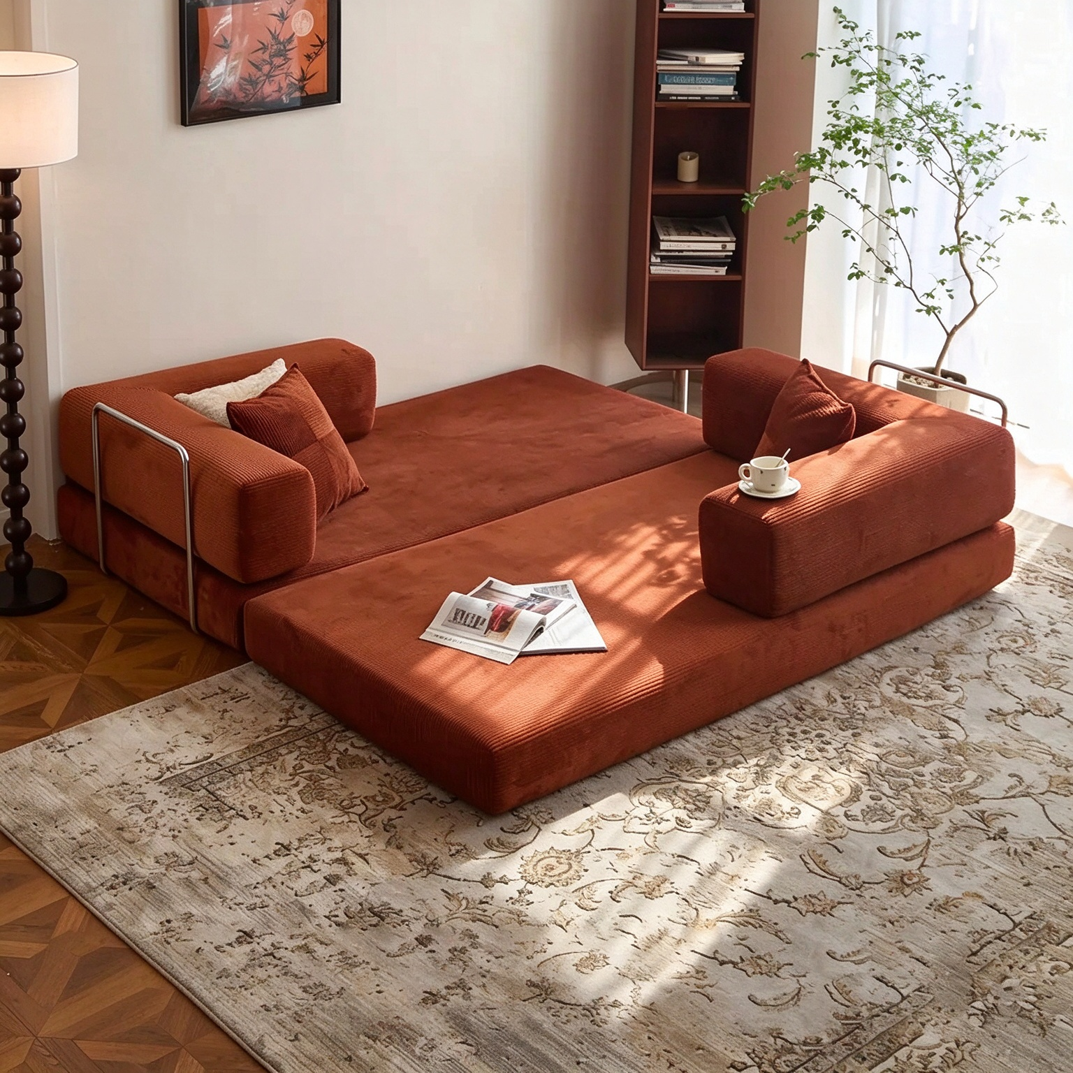 Cloud corduroy sofa in sofa mode with two people sitting