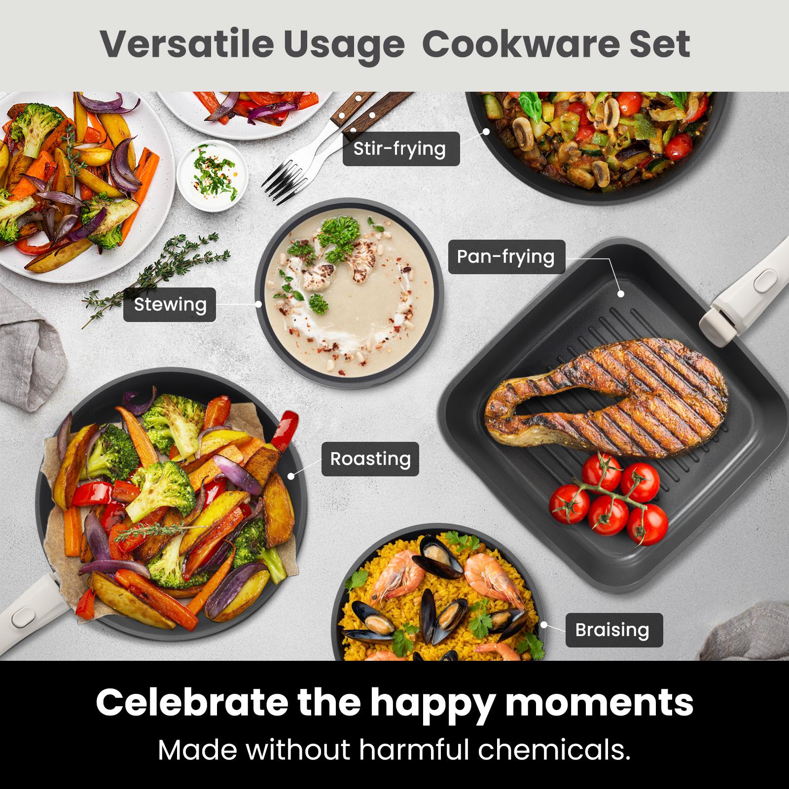 Versatile usage cookware set &mdash; stir-frying, pan-frying, stewing, roasting, braising