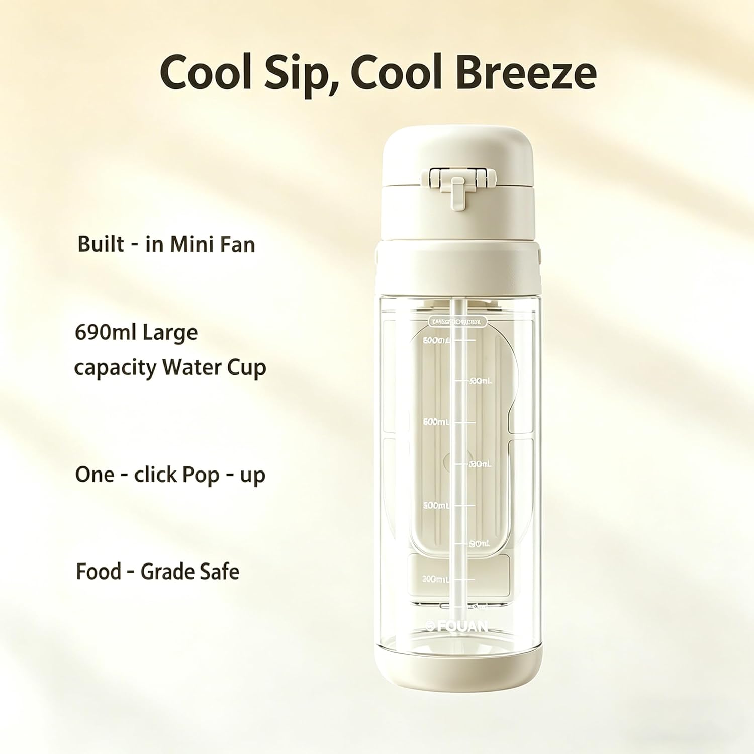 2-in-1 Water Bottle with Foldable Fan, 690ml Portable Cooling Cup with Straw, 3-Speed USB-C Rechargeable Built-In Fan Bottle for Travel, Hiking, Beach and Summer Outdoor Use, White