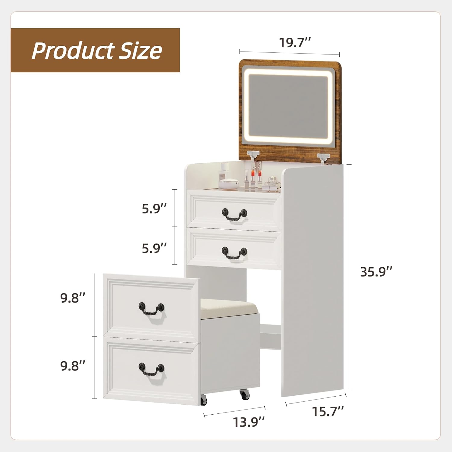 3-in-1 Vanity Desk with Charging Station & LED Lights