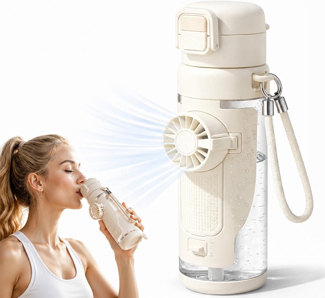 2-in-1 Water Bottle with Foldable Fan, 690ml Portable Cooling Cup with Straw, 3-Speed USB-C Rechargeable Built-In Fan Bottle for Travel, Hiking, Beach and Summer Outdoor Use, White