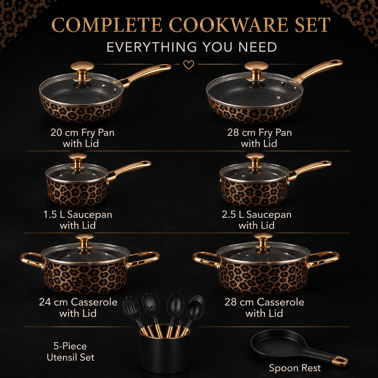 Luxury Black & Gold Non-Stick Cookware Set – Complete Kitchen Collection with Pots, Pans & Utensils