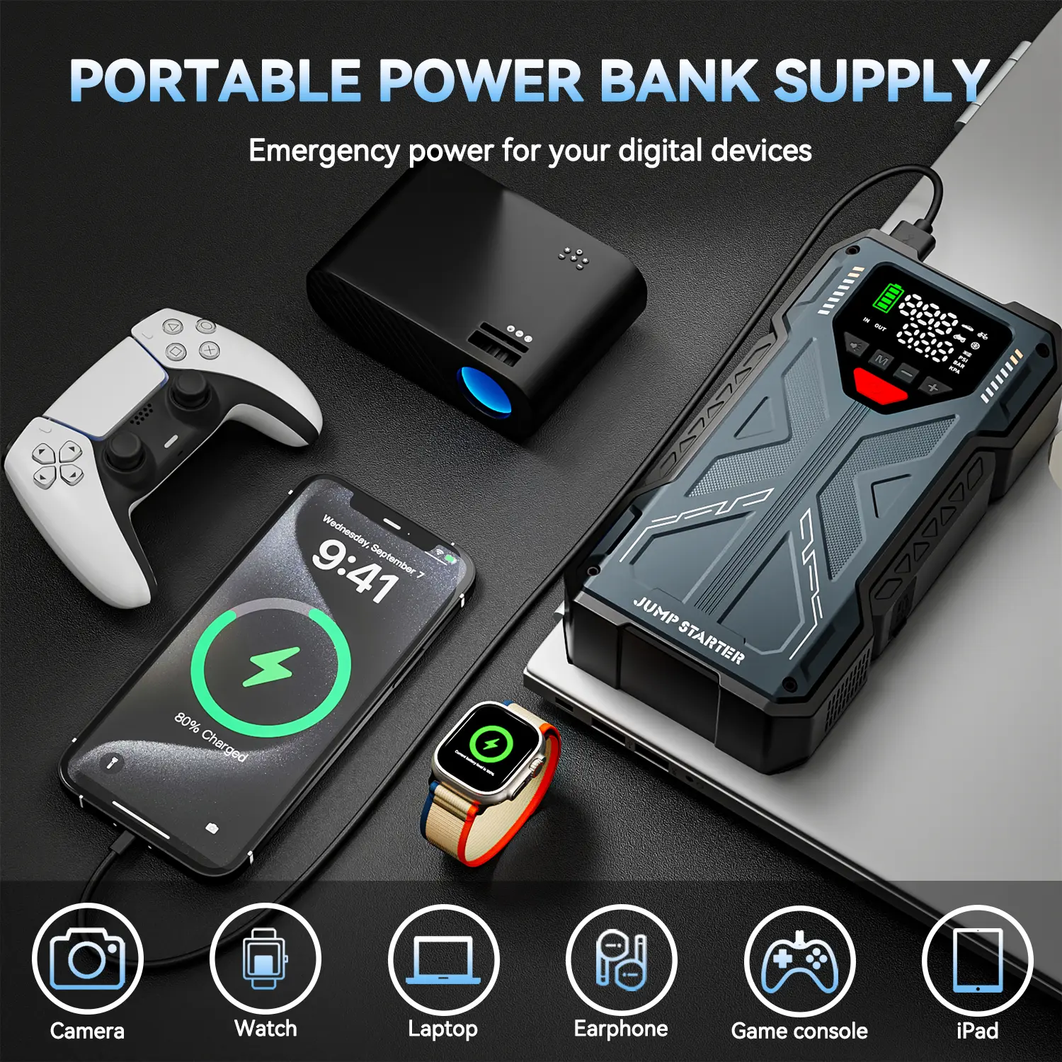 16800mAh [ 5 in 1 Function ] Portable Car Jump Starter With Air Compressor 6000A (7.5L Gas, 6.0L Diesel) With 150 PSI Tire Inflator, 12V Car Battery Jump Power With LED Light