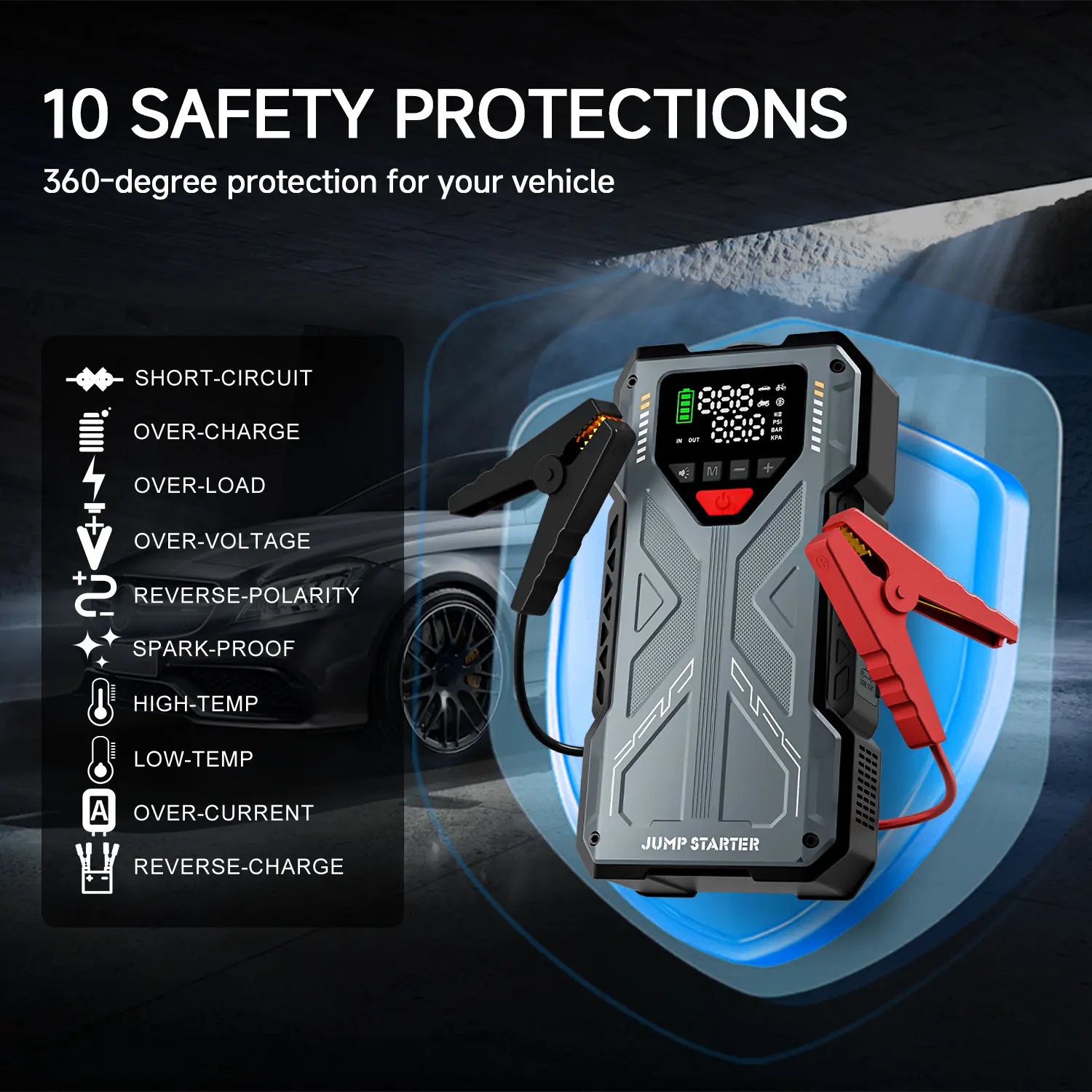 16800mAh [ 5 in 1 Function ] Portable Car Jump Starter With Air Compressor 6000A (7.5L Gas, 6.0L Diesel) With 150 PSI Tire Inflator, 12V Car Battery Jump Power With LED Light