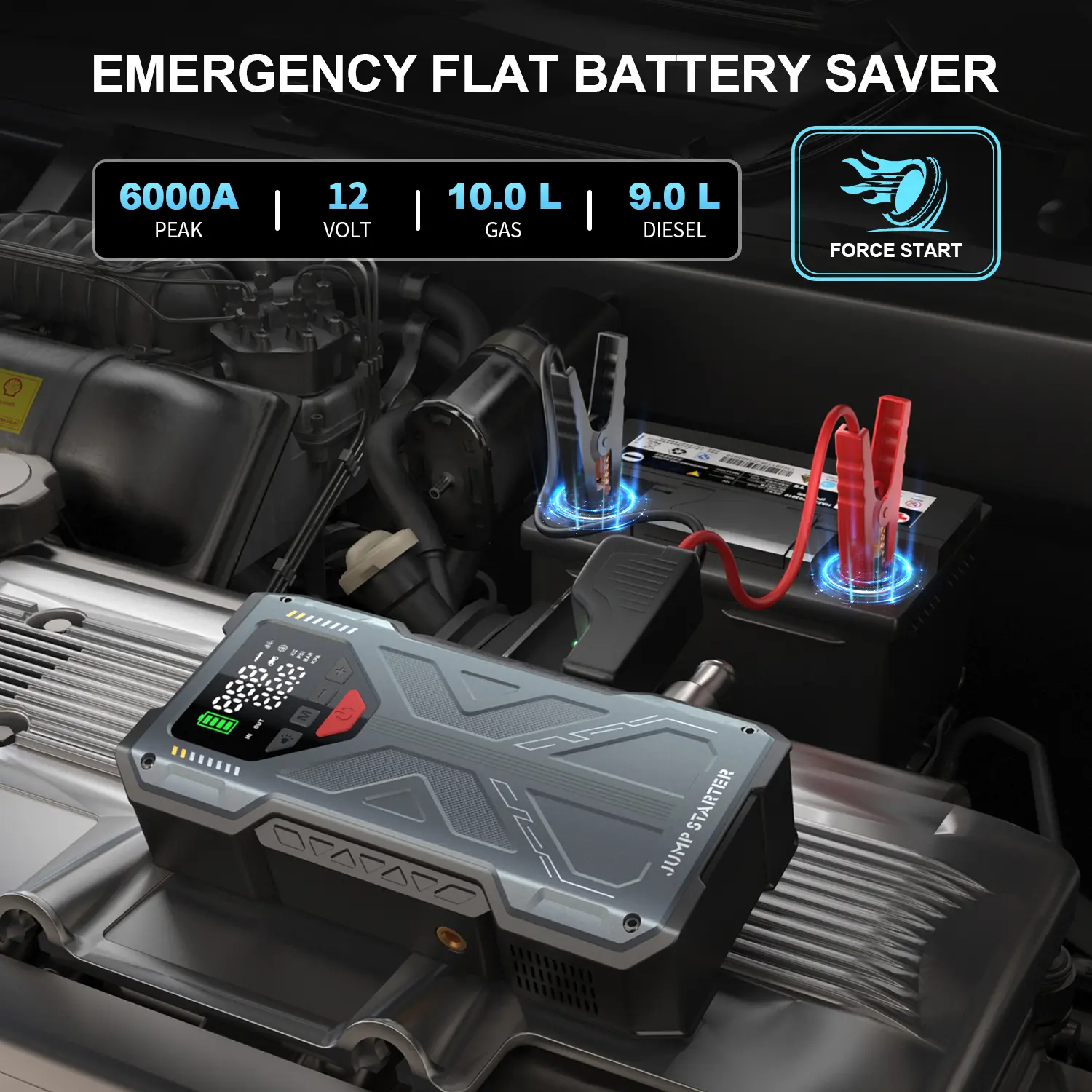 16800mAh [ 5 in 1 Function ] Portable Car Jump Starter With Air Compressor 6000A (7.5L Gas, 6.0L Diesel) With 150 PSI Tire Inflator, 12V Car Battery Jump Power With LED Light