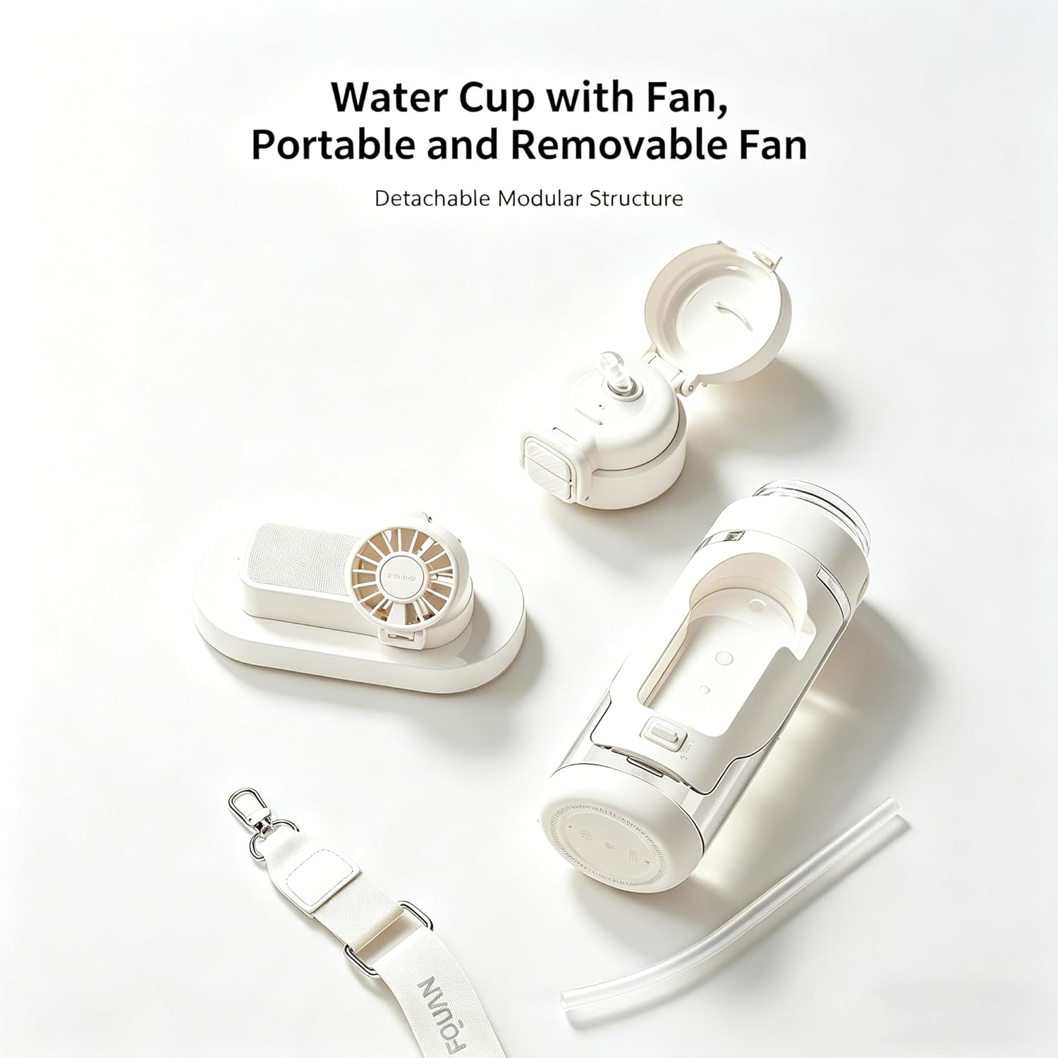 2-in-1 Water Bottle with Foldable Fan, 690ml Portable Cooling Cup with Straw, 3-Speed USB-C Rechargeable Built-In Fan Bottle for Travel, Hiking, Beach and Summer Outdoor Use, White