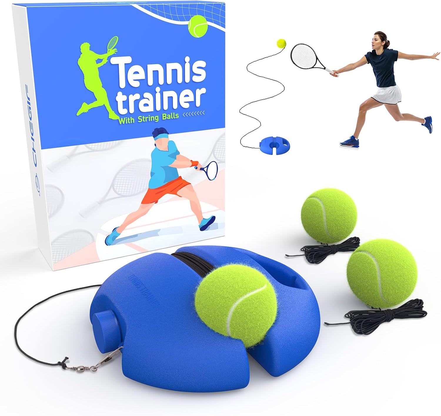 Tennis Trainer Rebound Ball with 3 String Balls, Portable Tennis Training Tool Suitable for Beginners Sport Exercise-Blue