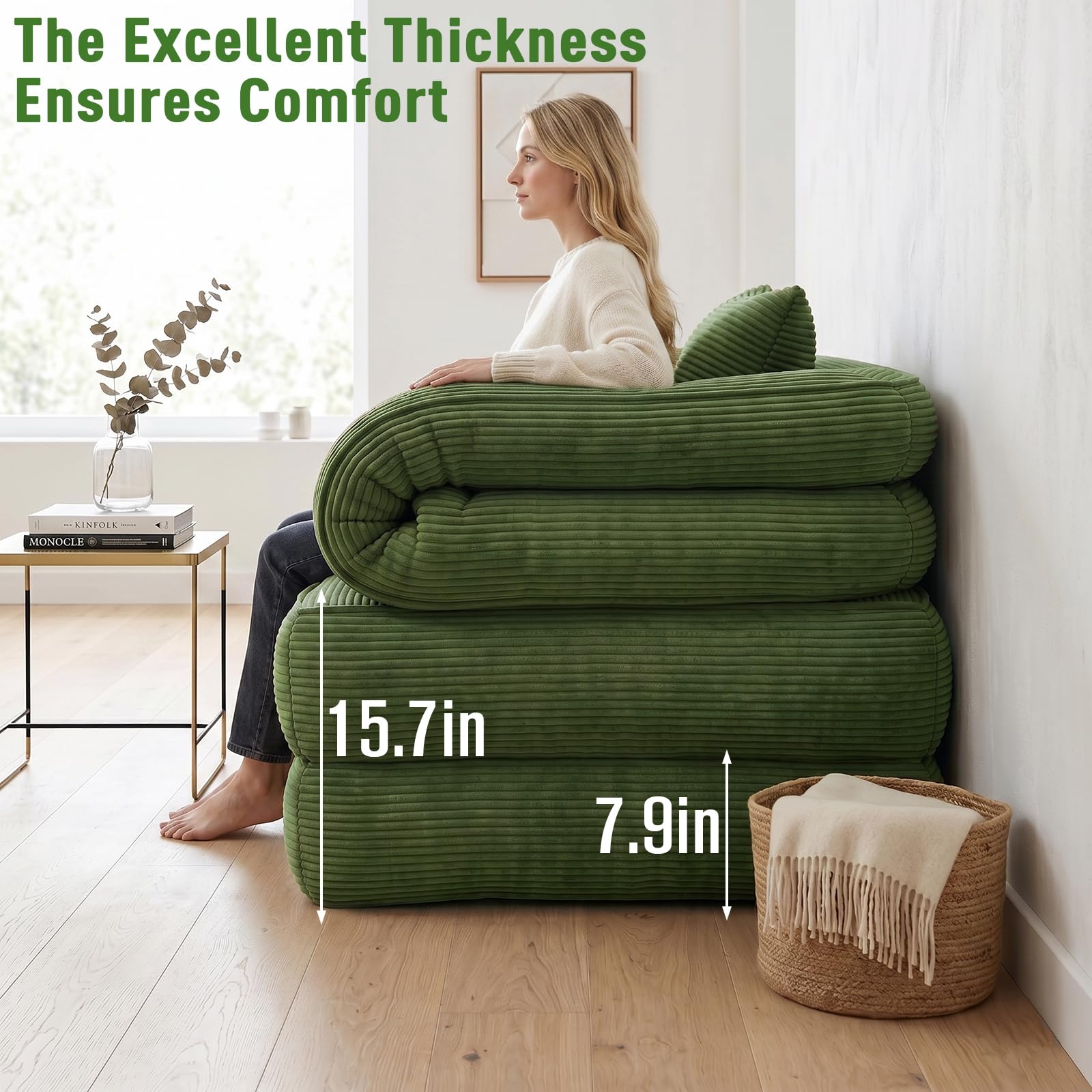 Folding Sofa Bed, Convertible Sleeper Chair with Armrests for Adults, Foldable Corduroy Boneless Bed, 3-in-1 Portable Futon Couch Floor Sofa with Pillow for Bedroom, Living Room, Dark Green