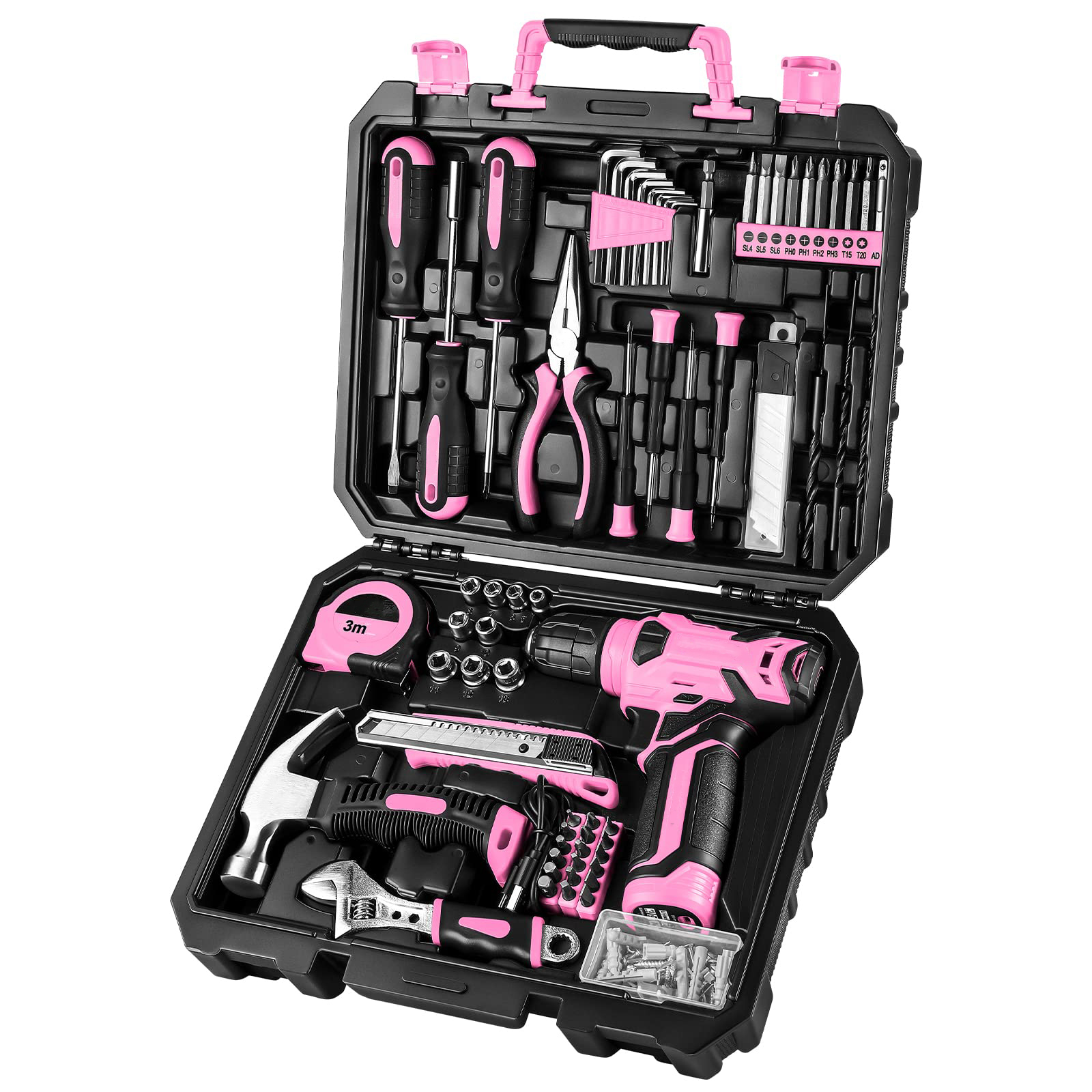 JJJSHOP 126-Piece Pink Tool Set with 8V Cordless Drill