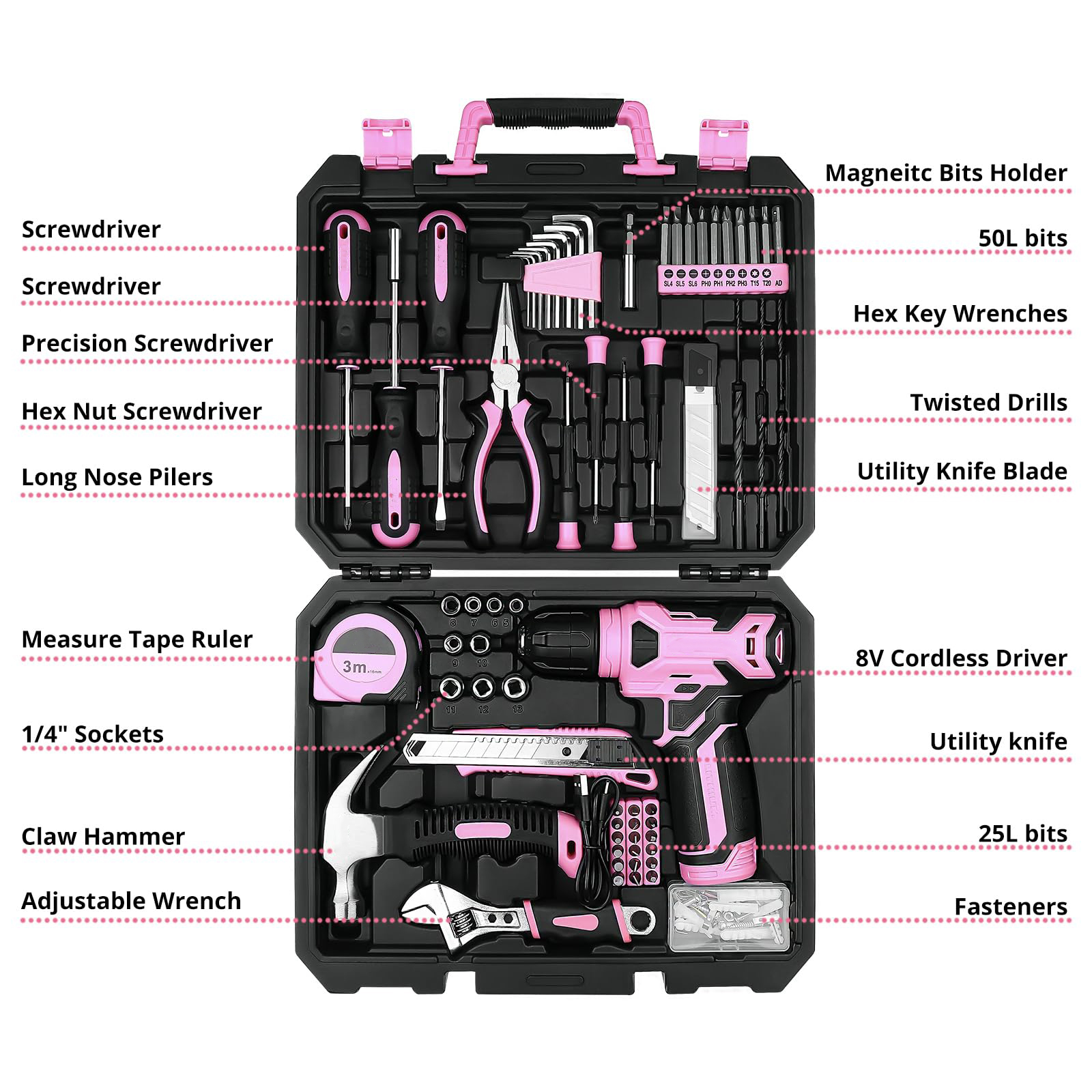 JJJSHOP 126-Piece Pink Tool Set with 8V Cordless Drill