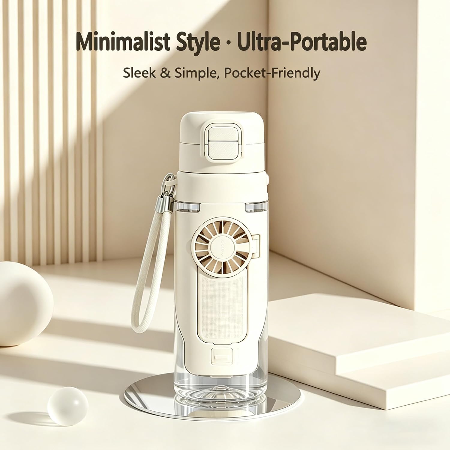 2-in-1 Water Bottle with Foldable Fan, 690ml Portable Cooling Cup with Straw, 3-Speed USB-C Rechargeable Built-In Fan Bottle for Travel, Hiking, Beach and Summer Outdoor Use, White