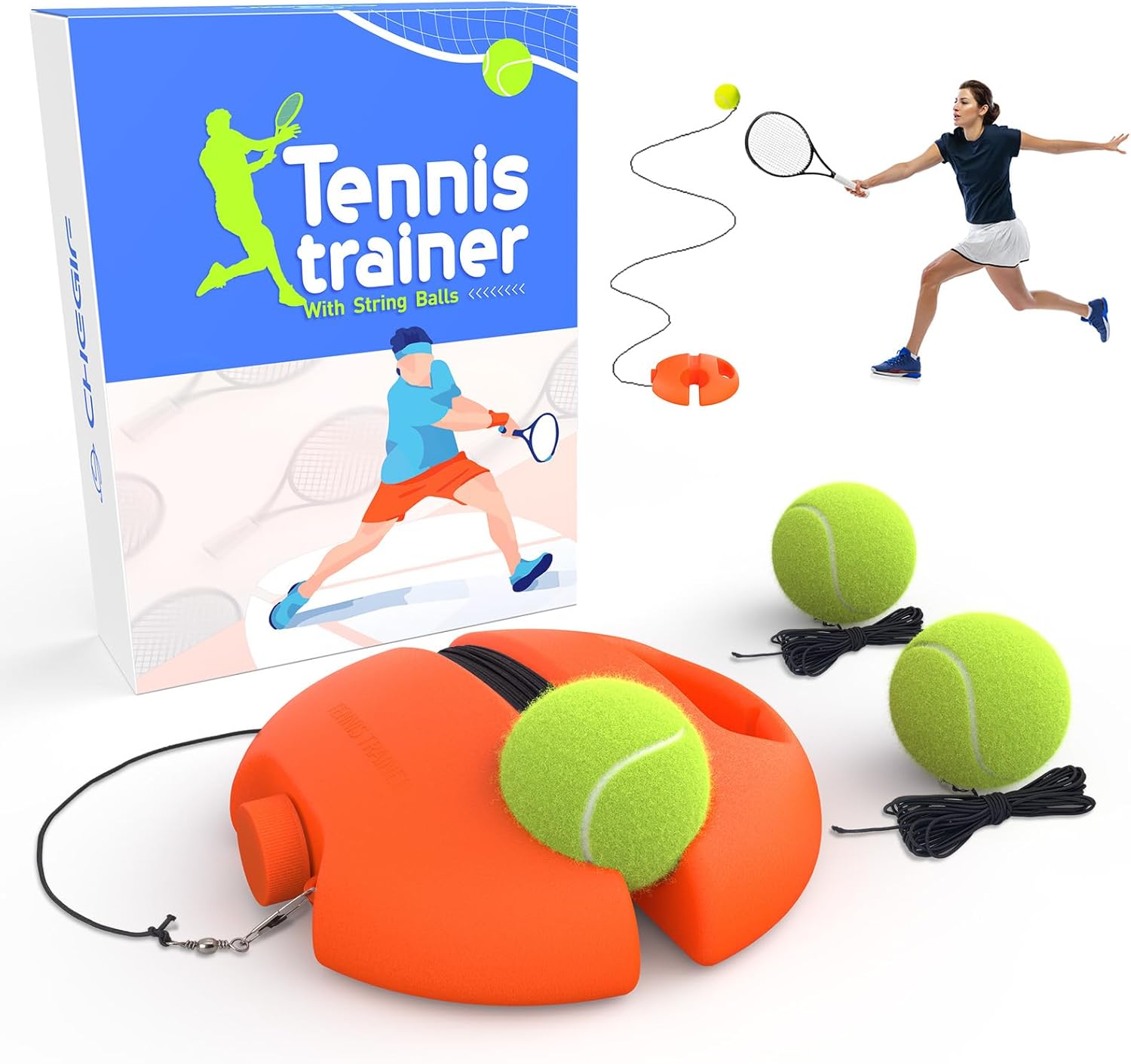 Tennis Trainer Rebound Ball with 3 String Balls, Portable Tennis Training Tool Suitable for Beginners Sport Exercise-Blue