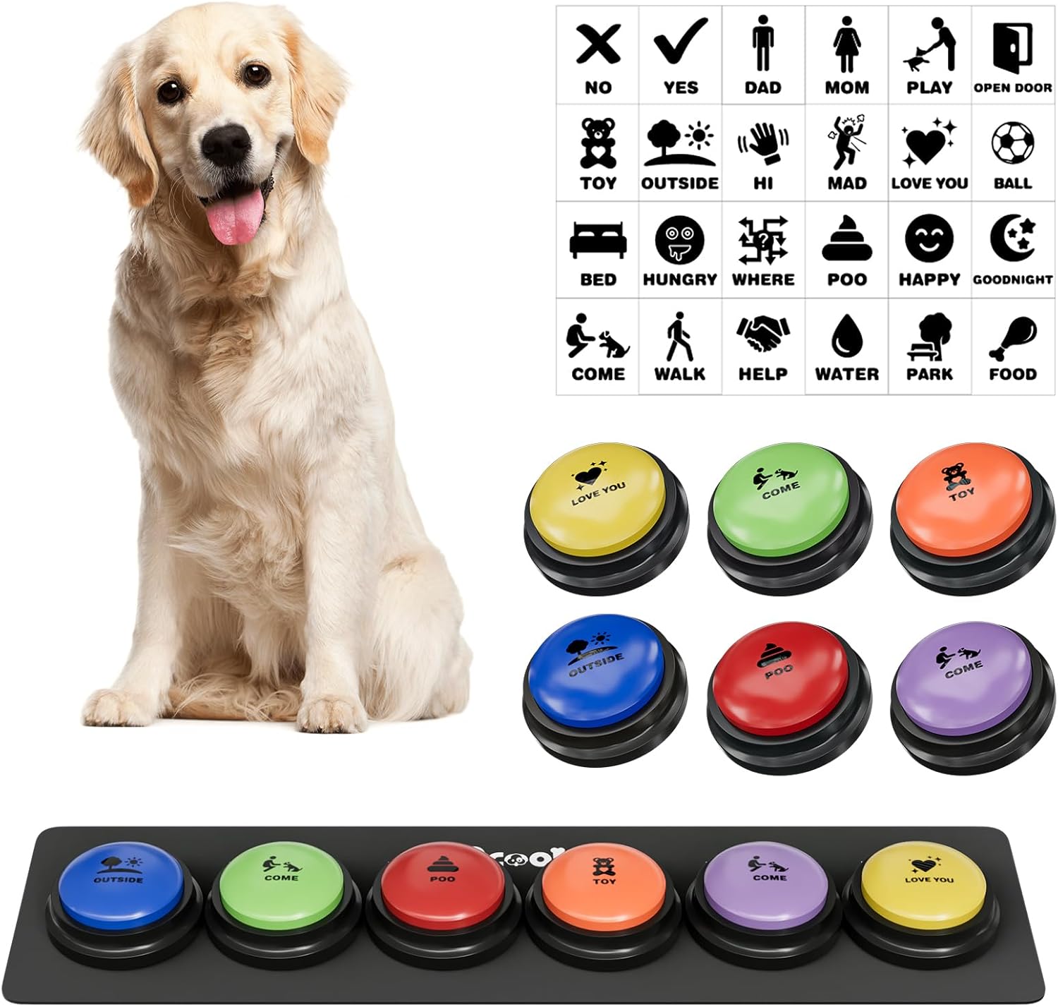 Dog Buttons for Communication, 9 Pcs Recordable Talking Button Set with 30s Voice, Pet Training Buzzer Kit for Dogs and Cats, Waterproof Anti-Slip Mat, 48 Scene Stickers for Outside/Food/Play