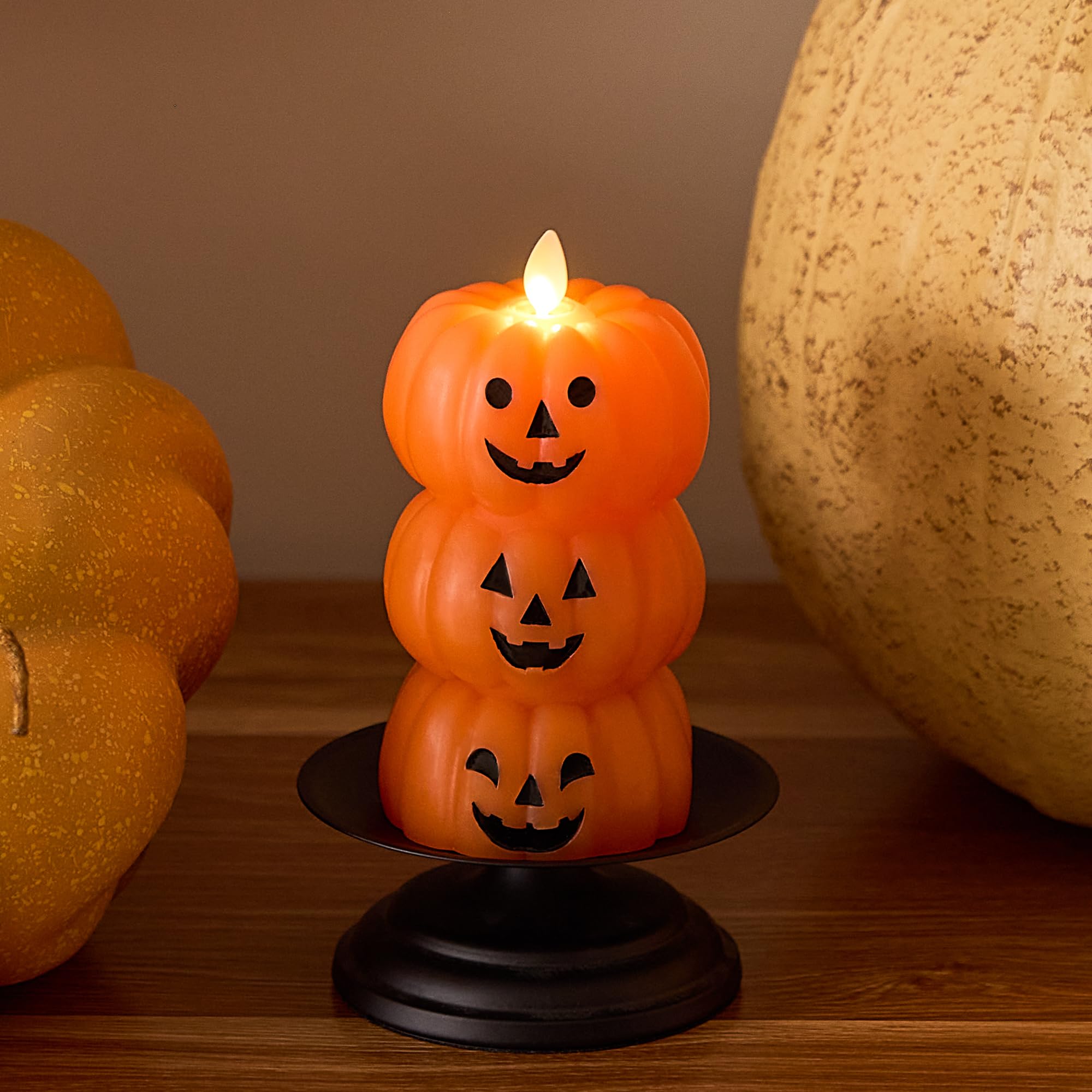 Stacked Jack-o-Lanterns Pumpkins Figural (Russet Orange) Flameless Candle Real Wax Moving Flame LED Candle (3.1" x 6"),