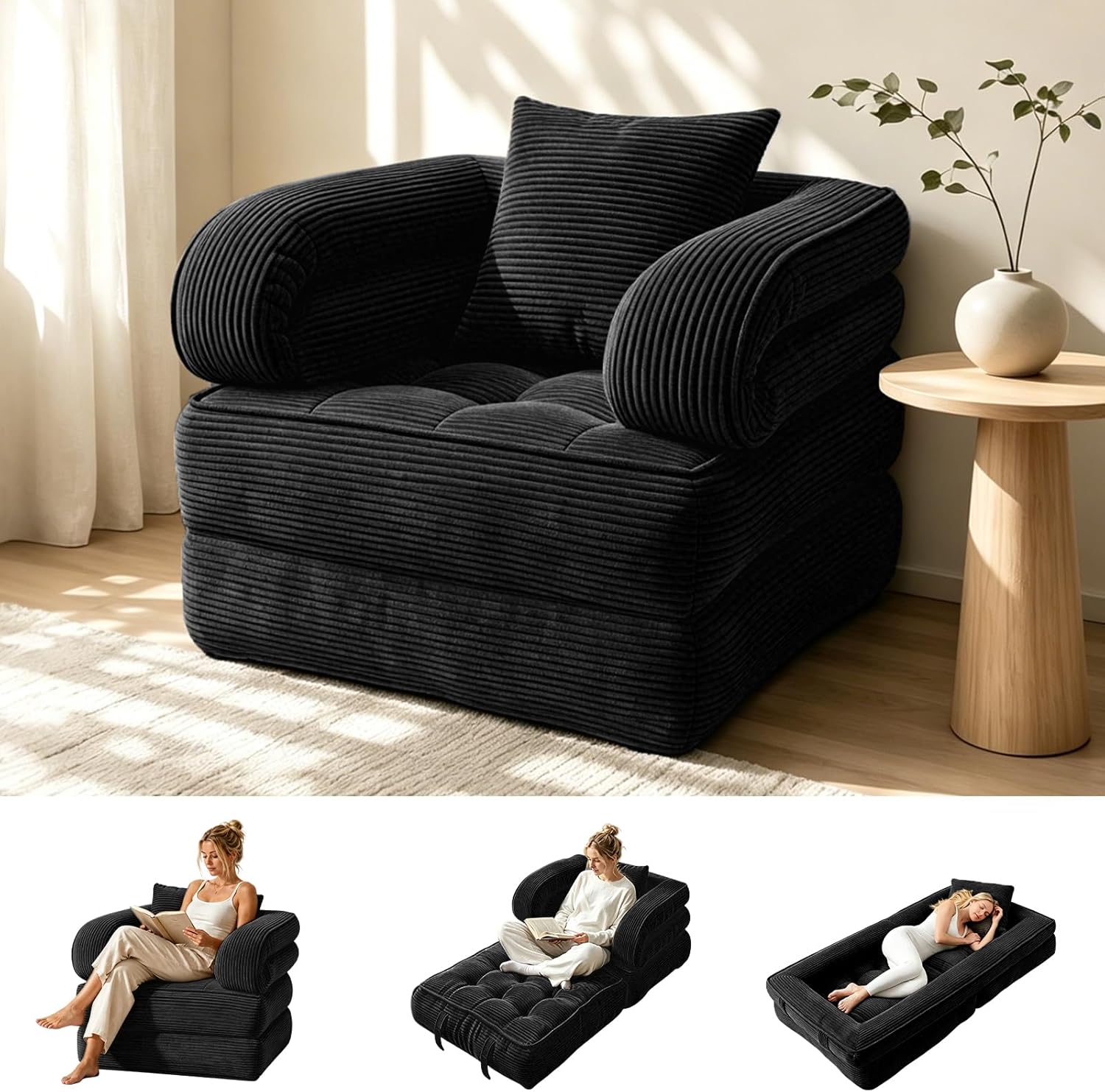 Folding Sofa Bed, Convertible Sleeper Chair with Armrests for Adults, Foldable Corduroy Boneless Bed, 3-in-1 Portable Futon Couch Floor Sofa with Pillow for Bedroom, Living Room, Dark Green