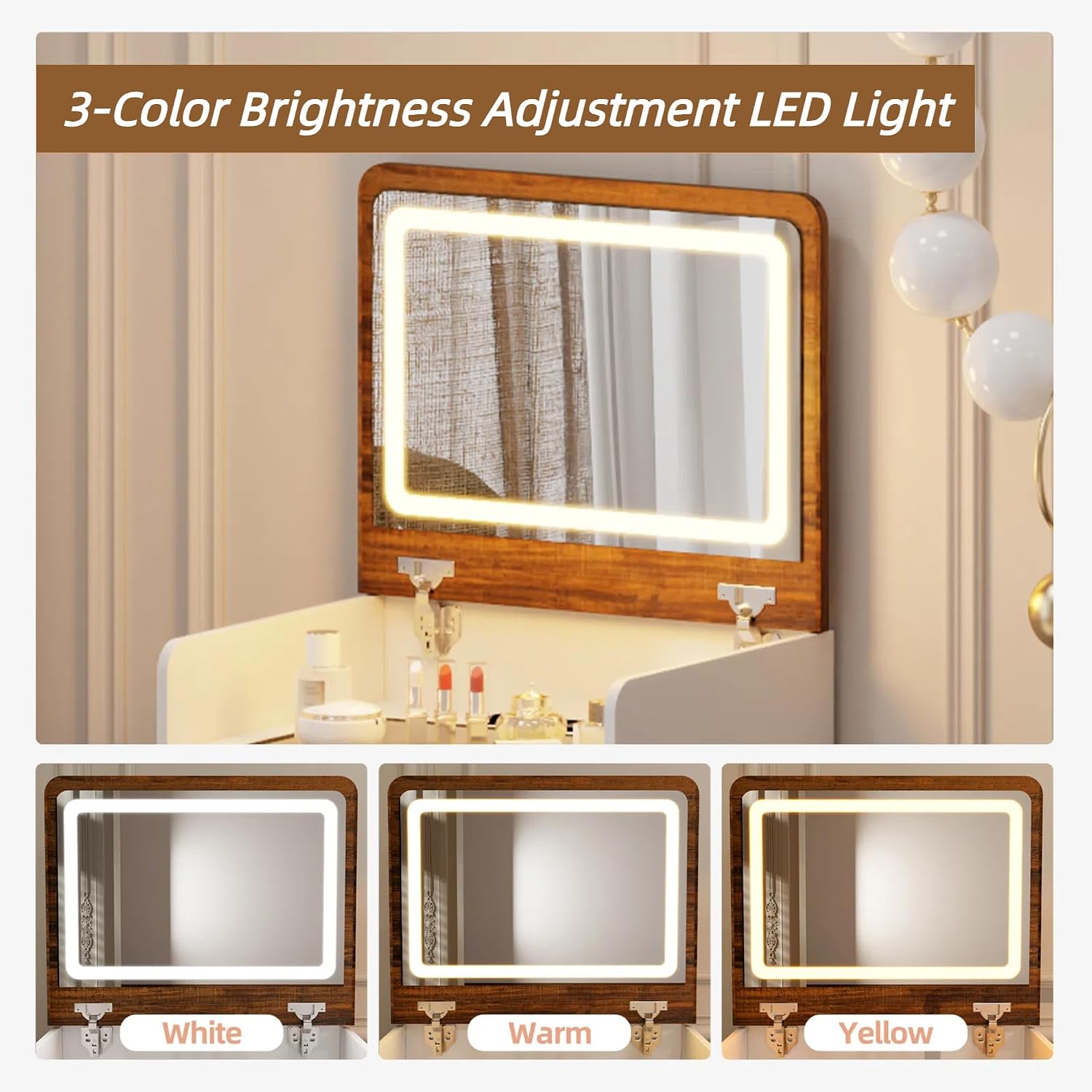 3-in-1 Vanity Desk with Charging Station & LED Lights