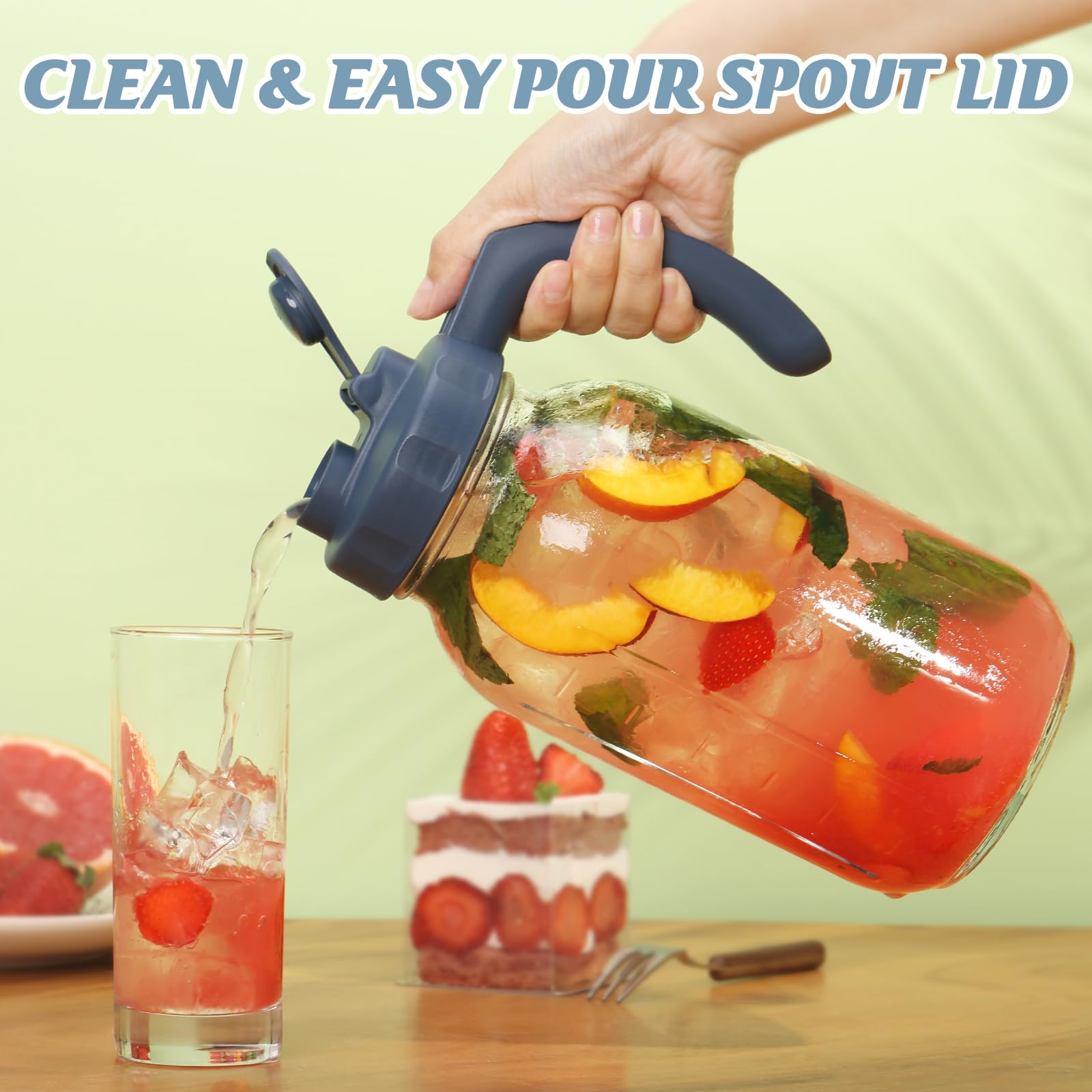 2 Quart Glass Mason Jar Pitchers with Lids, Navy & Yellow, 2 Pack | 64oz Wide Mouth Flip Cap Pour Spout Leak-proof Lids with Handle, 1.9 Liter per Jar, for Sun Tea/ Juice/Cold Brew/Milk